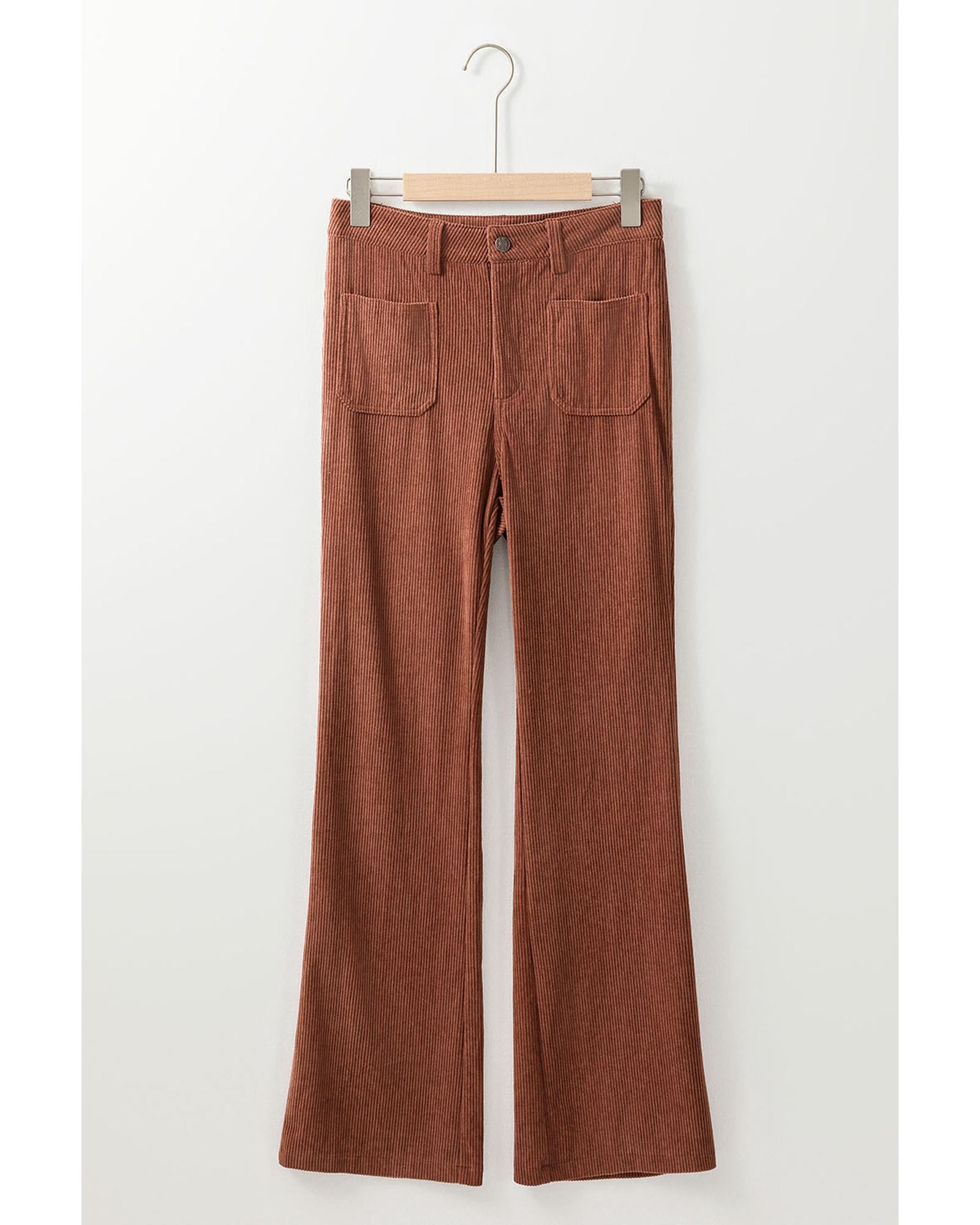 Brown High Waist Square Pockets Corduroy Pants - M
