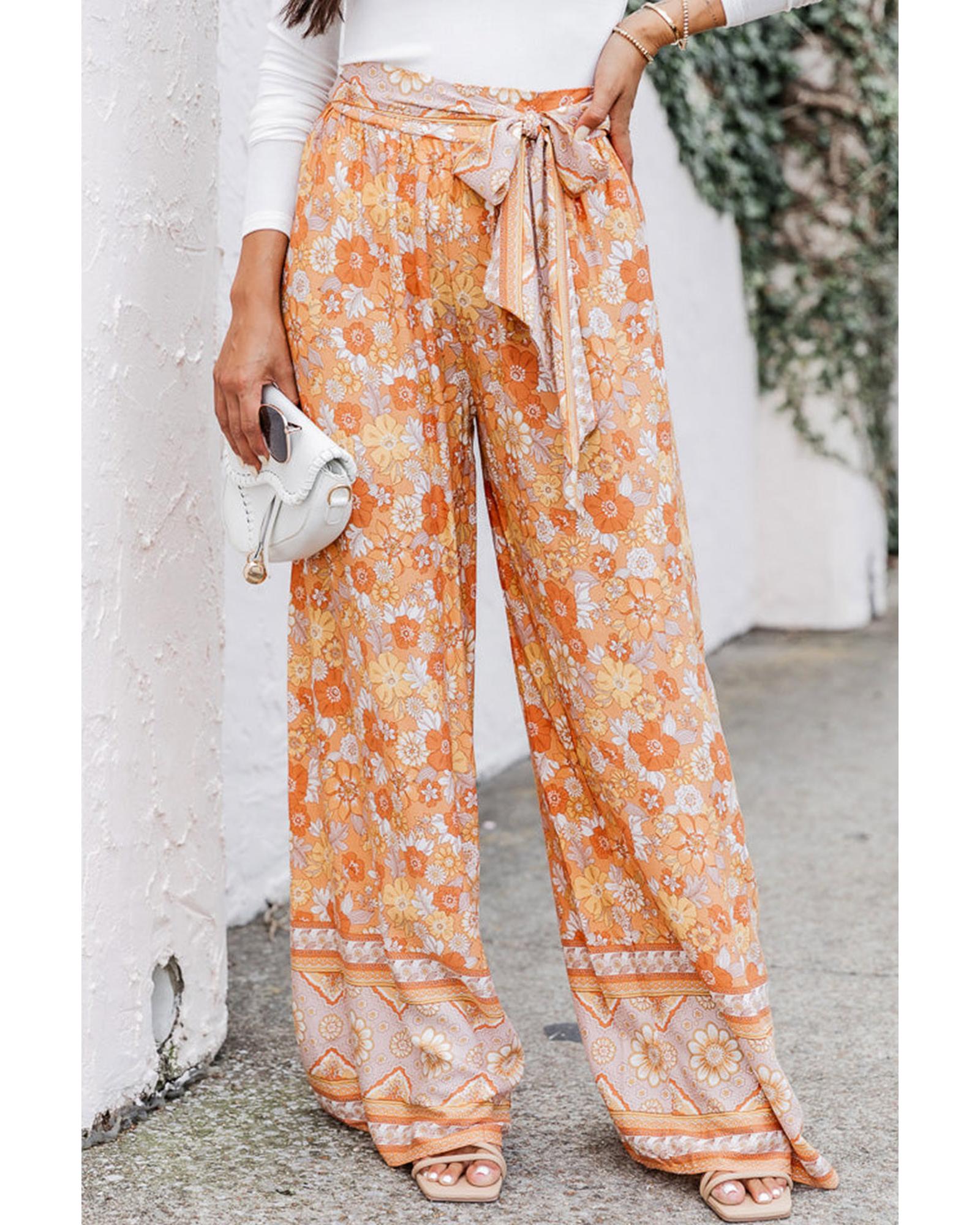 Grapefruit Orange Tie Waist Boho Floral Wide Leg Pants - L