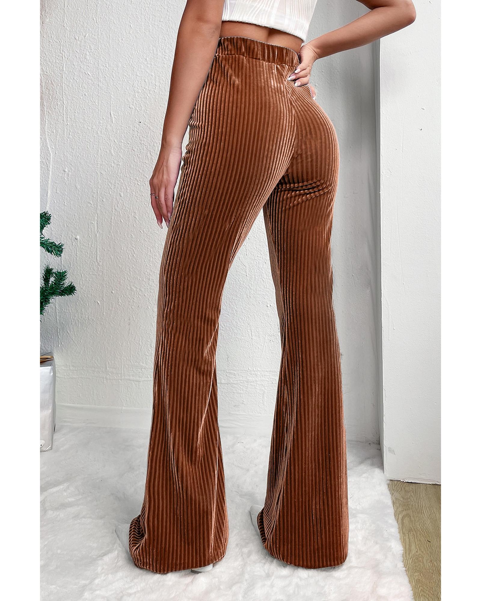 Chestnut Solid Color High Waist Flare Corduroy Pants - L