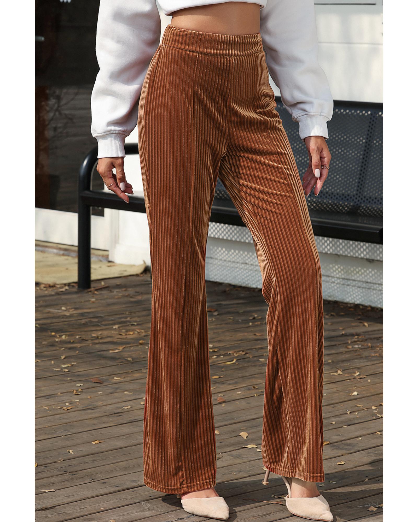 Chestnut Solid Color High Waist Flare Corduroy Pants - L