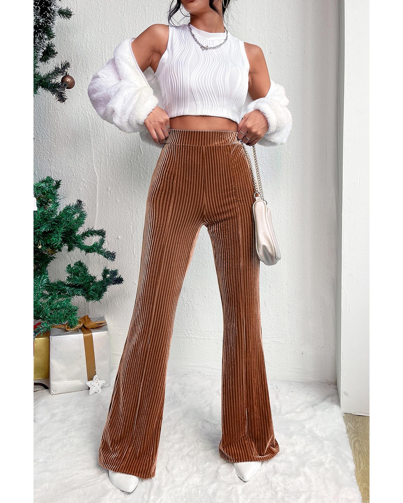 Chestnut Solid Color High Waist Flare Corduroy Pants - XL