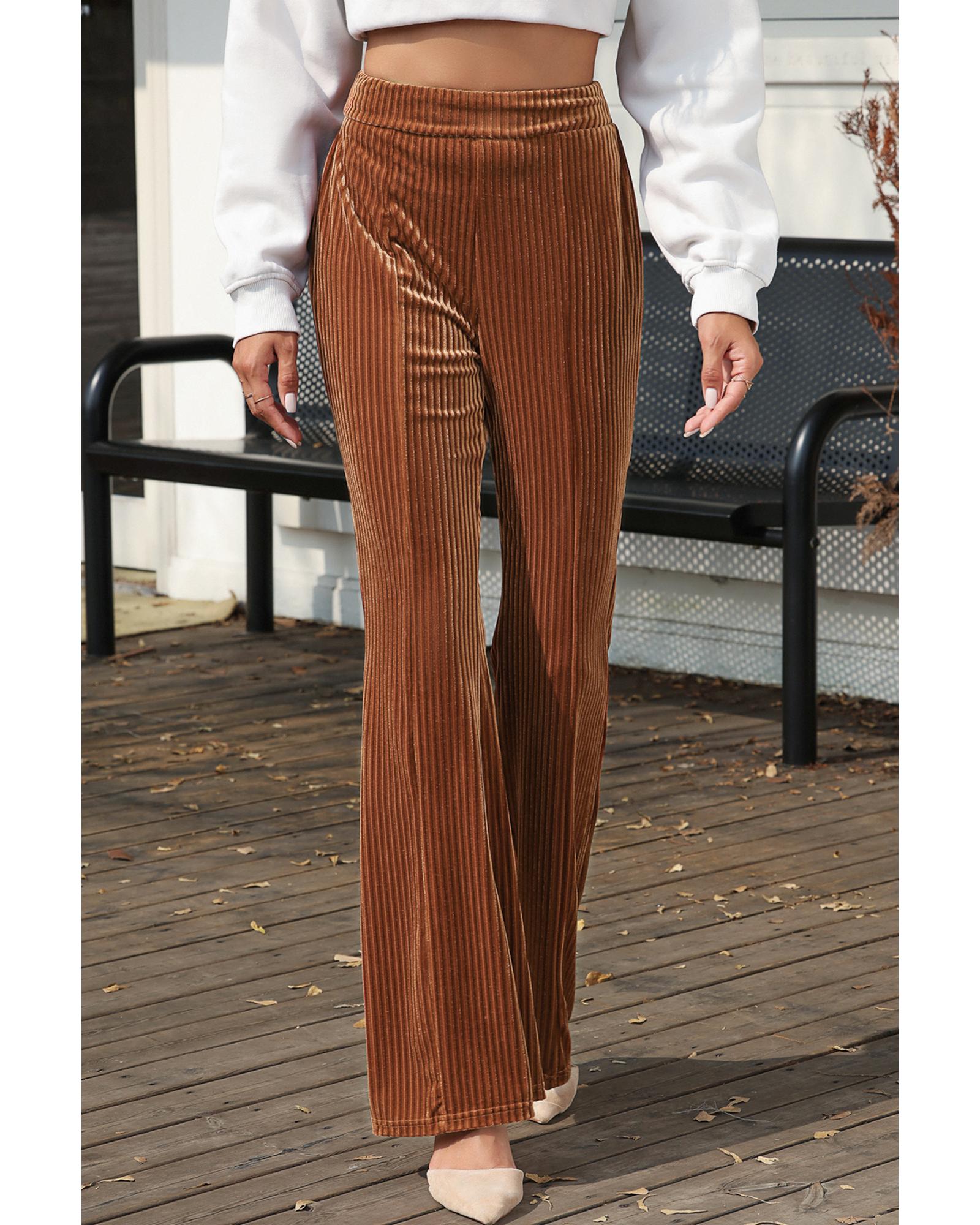 Chestnut Solid Color High Waist Flare Corduroy Pants - XL
