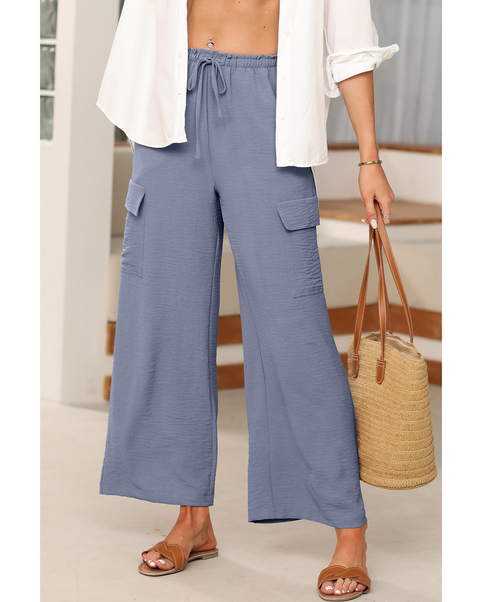 Dark Grey Drawstring Frilled Waist Wide Leg Utility Trousers - L