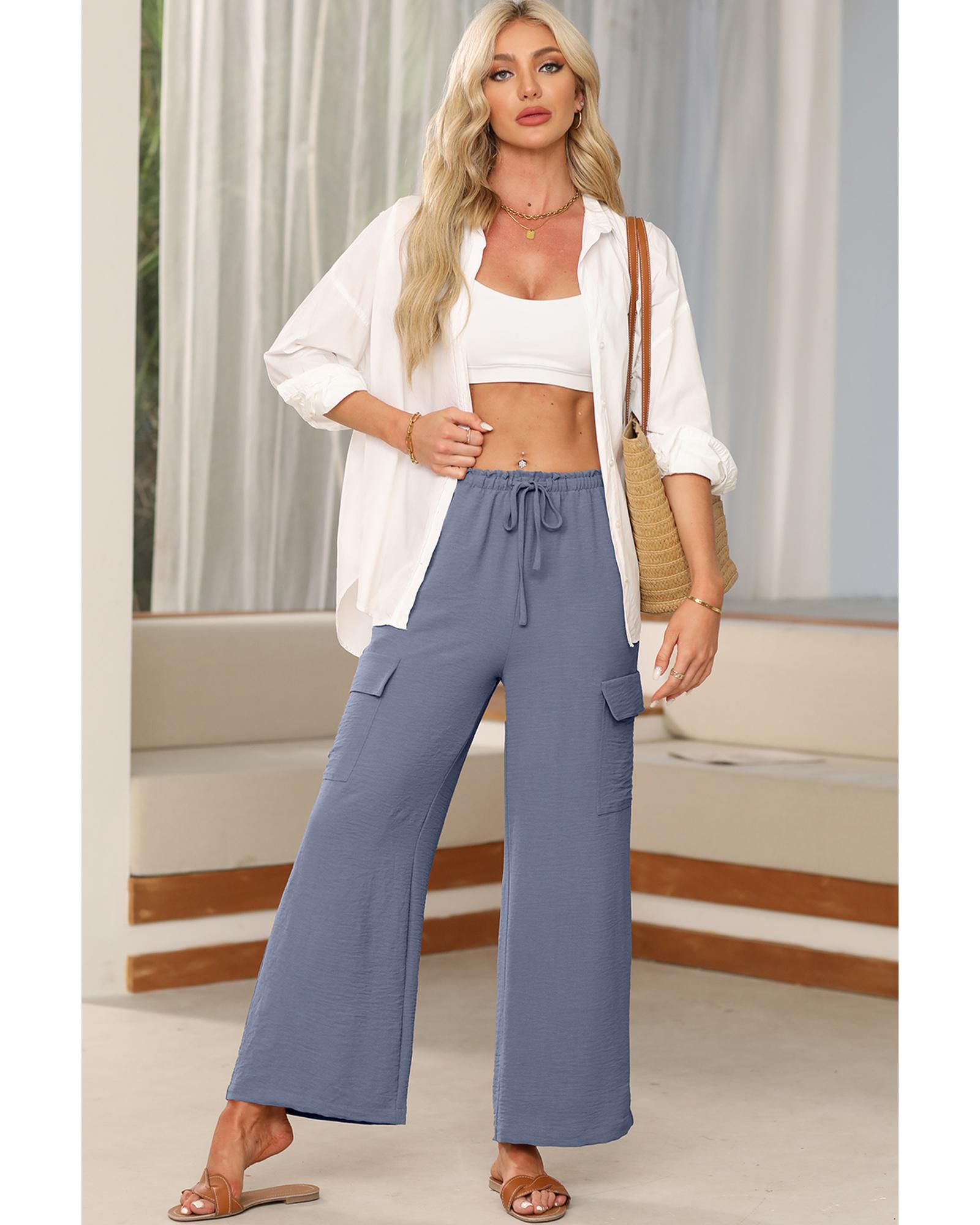 Dark Grey Drawstring Frilled Waist Wide Leg Utility Trousers - L