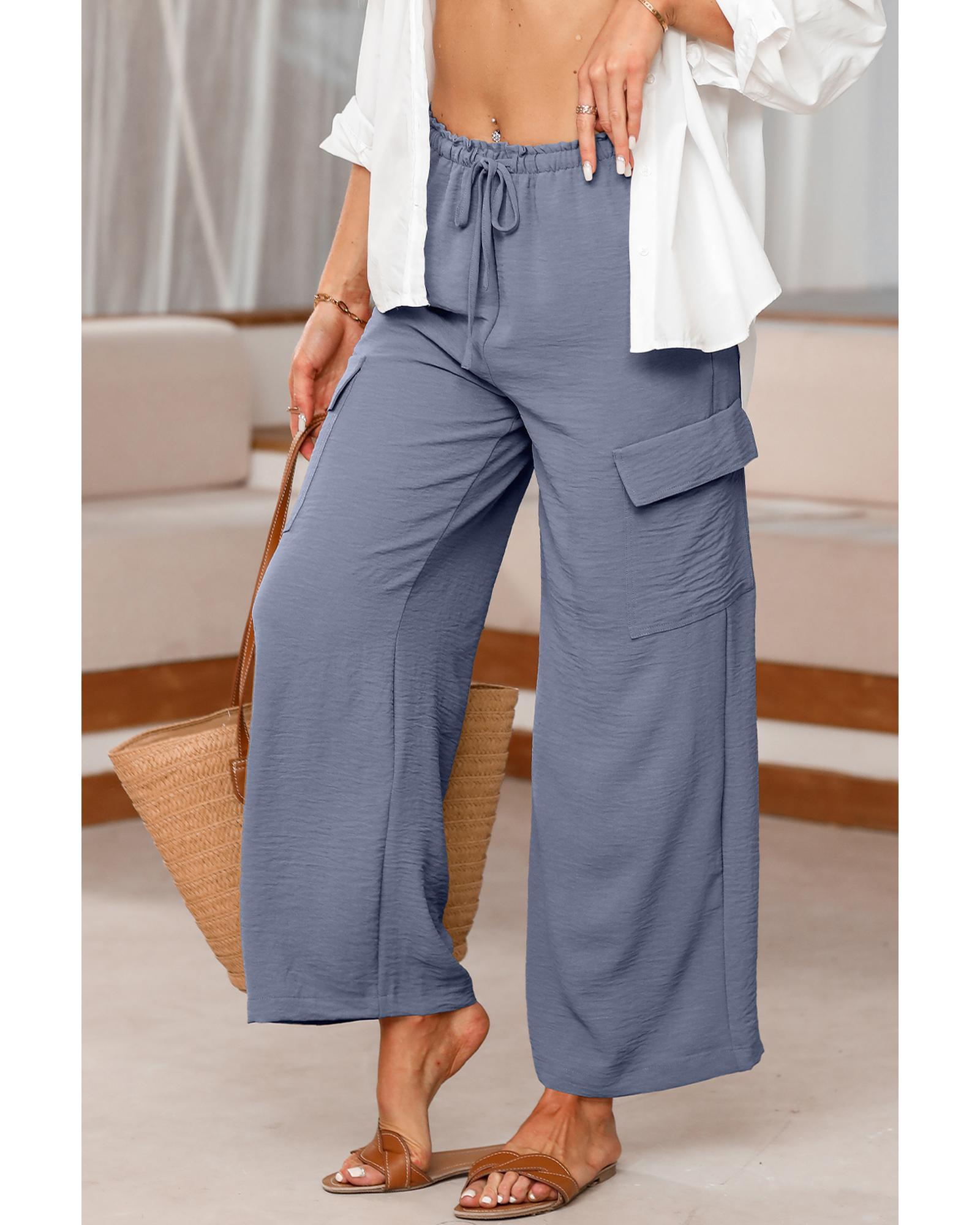 Dark Grey Drawstring Frilled Waist Wide Leg Utility Trousers - M