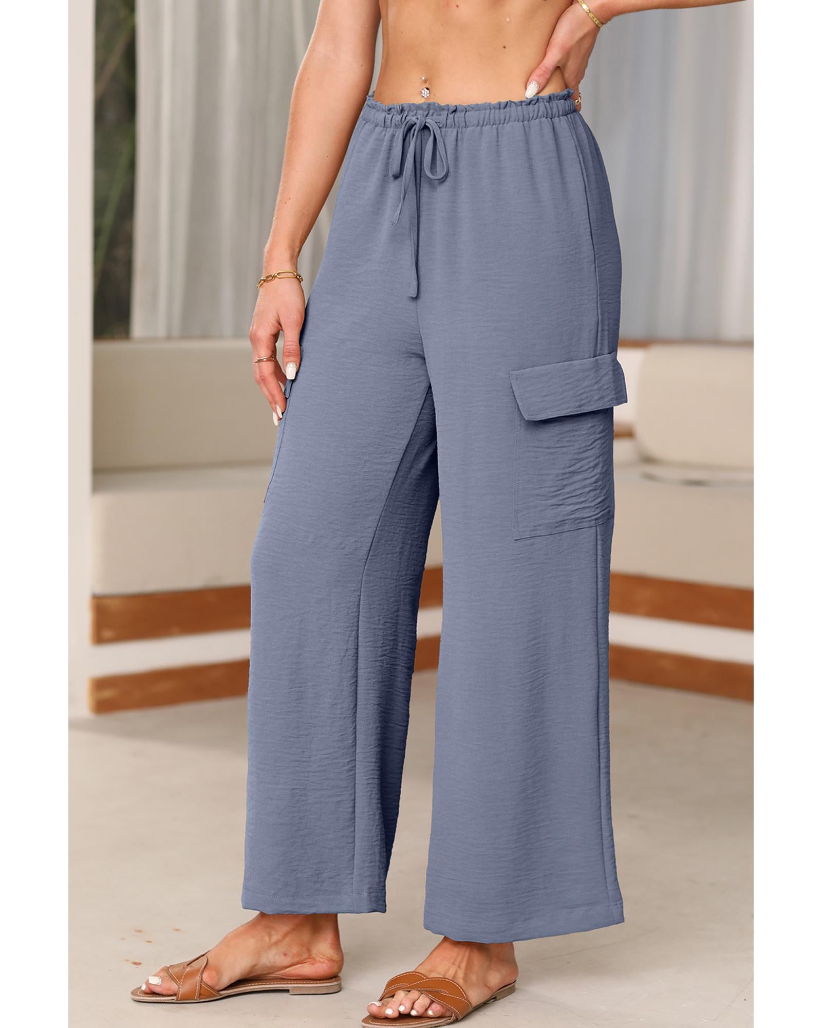 Dark Grey Drawstring Frilled Waist Wide Leg Utility Trousers - M