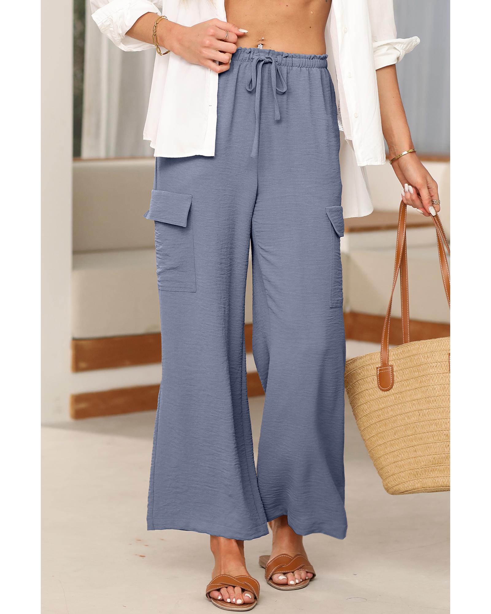 Dark Grey Drawstring Frilled Waist Wide Leg Utility Trousers - S