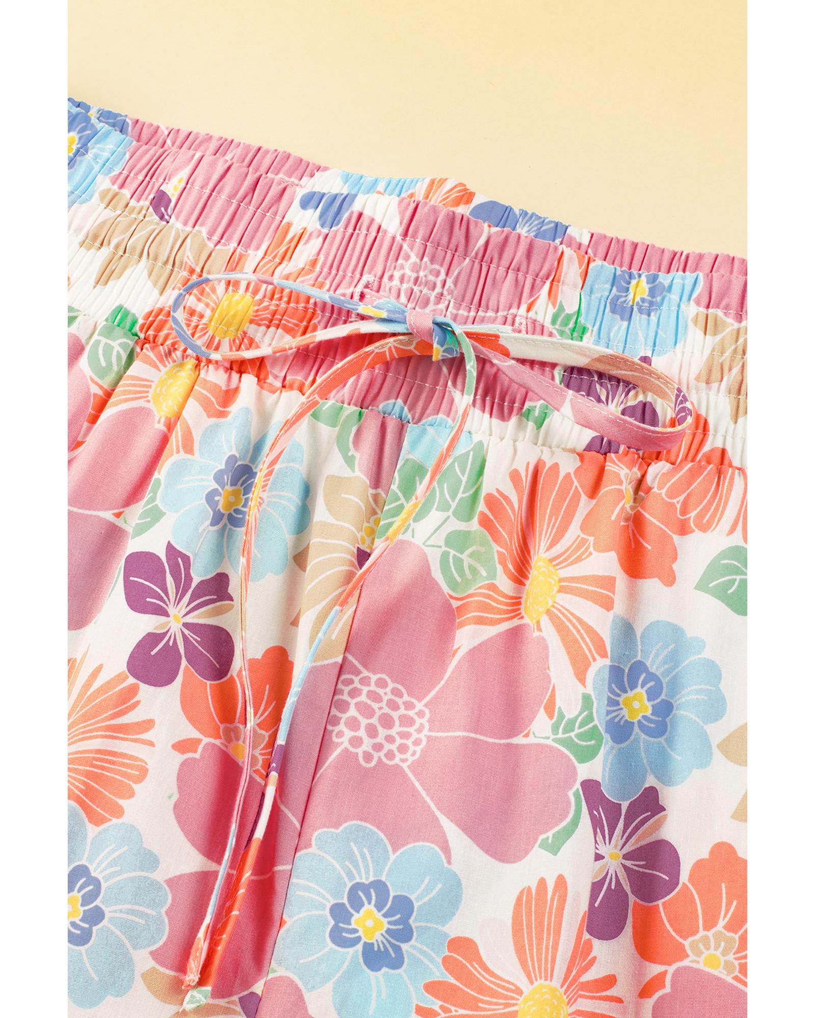 Pink Floral Smocked Waist Loose Pants - M