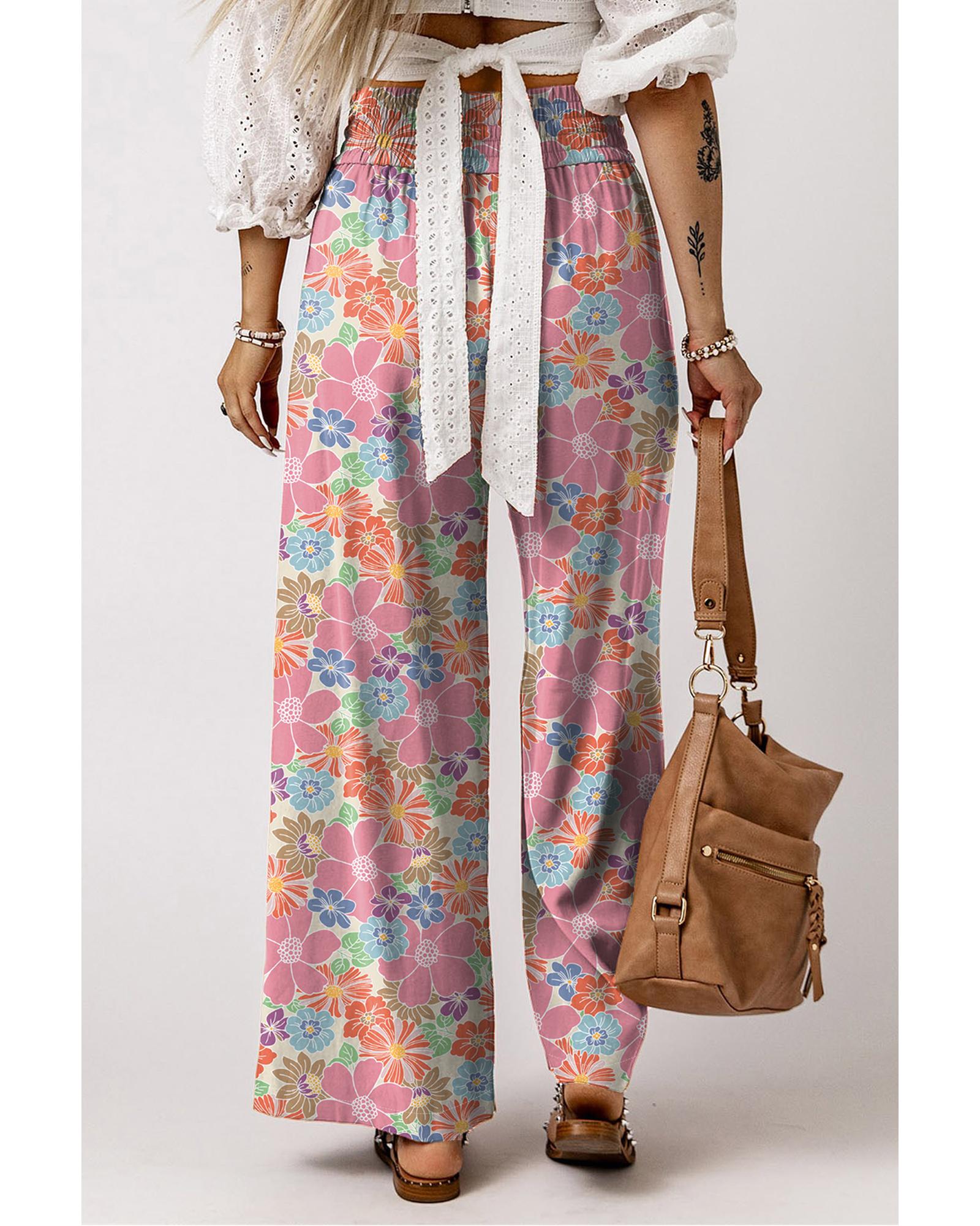Pink Floral Smocked Waist Loose Pants - M