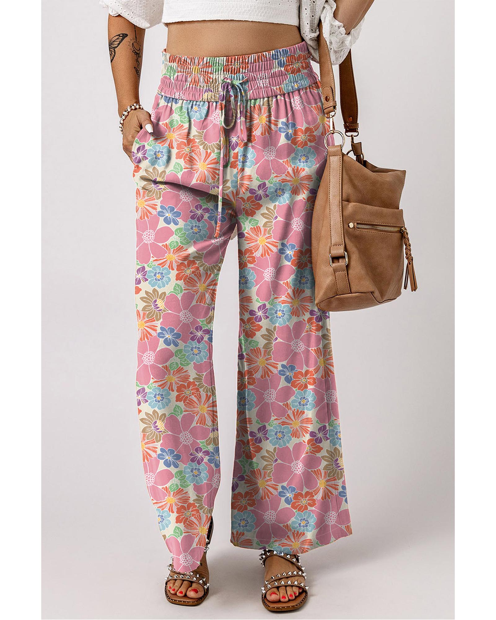 Pink Floral Smocked Waist Loose Pants - S