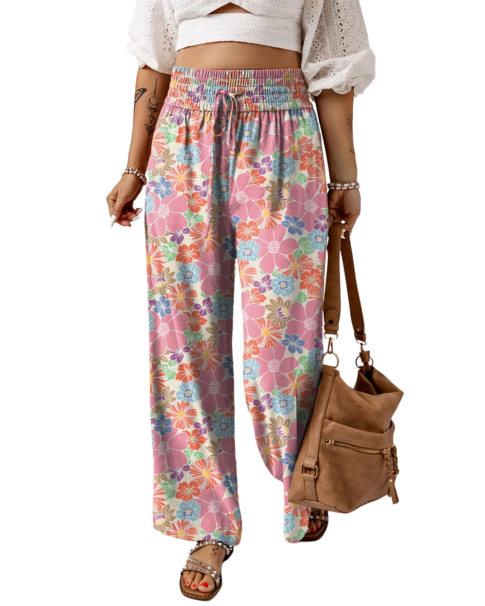 Pink Floral Smocked Waist Loose Pants - S