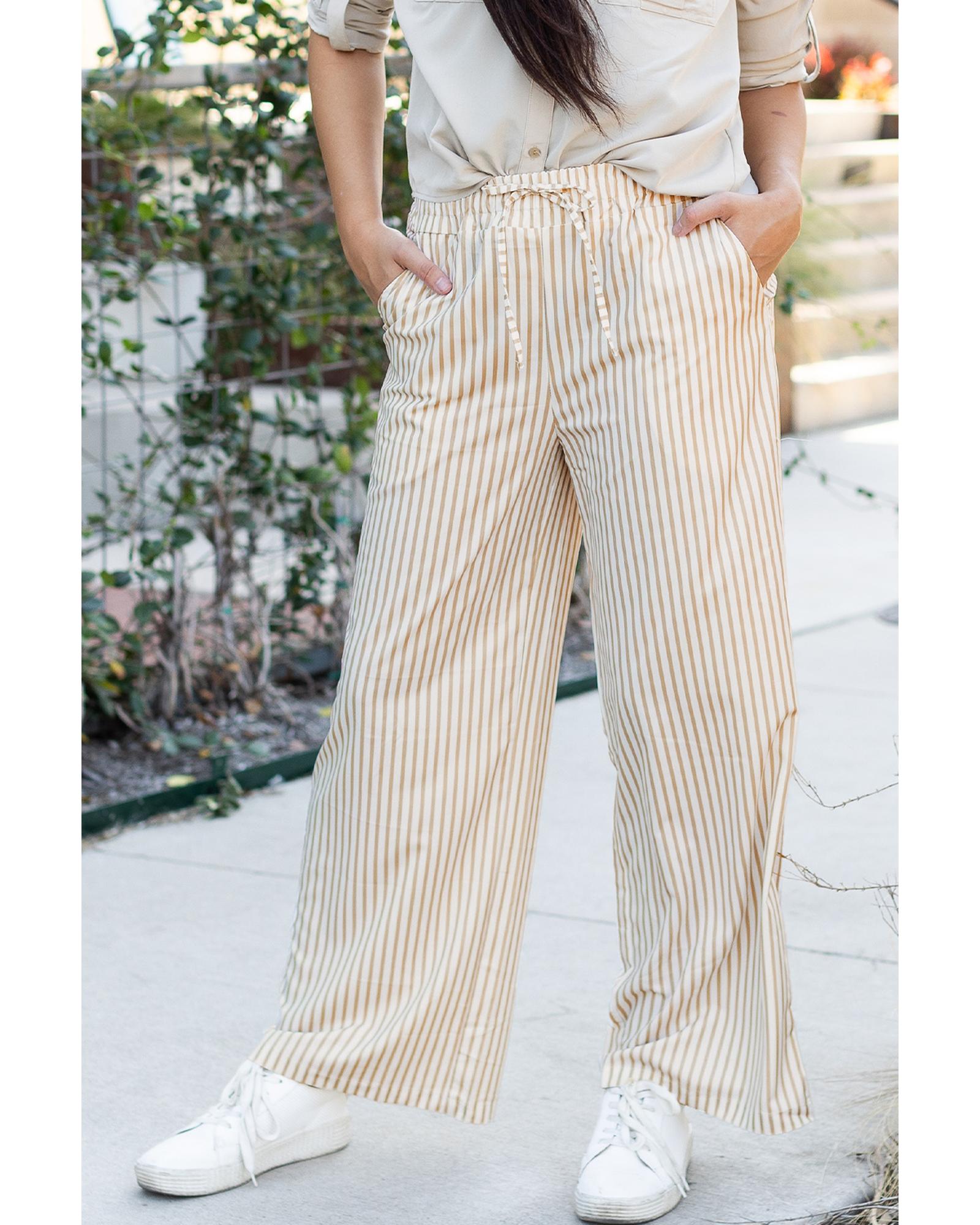 Khaki Stripe Print Wide Leg Drawstring Pants - XL