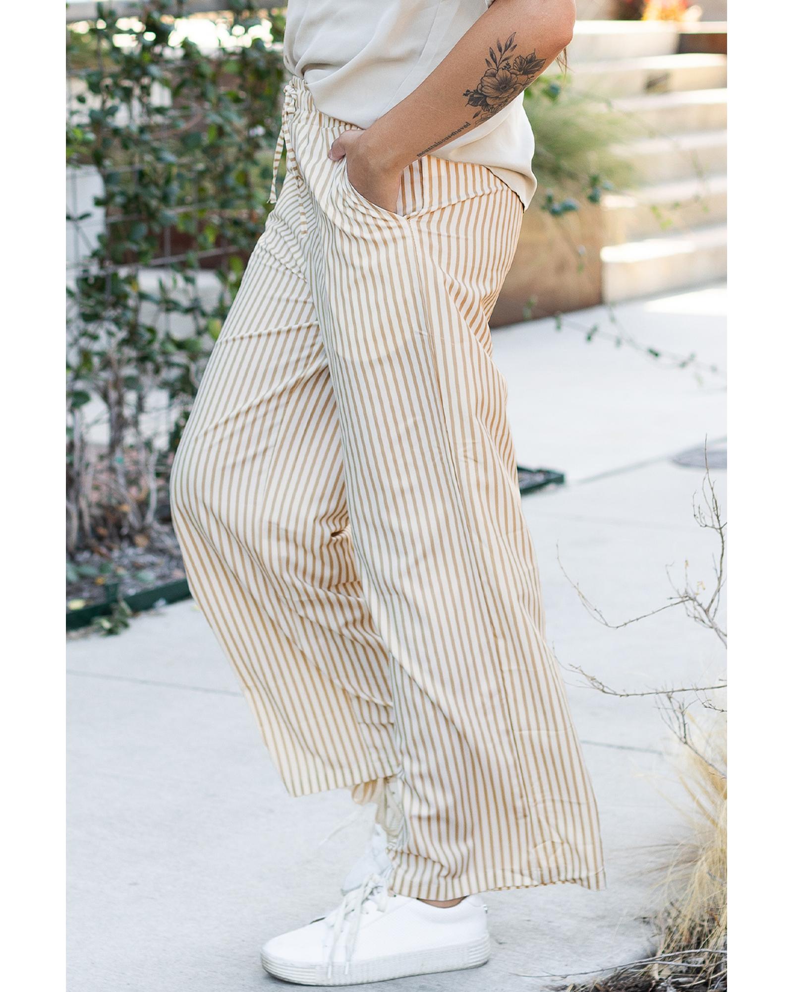 Khaki Stripe Print Wide Leg Drawstring Pants - XL