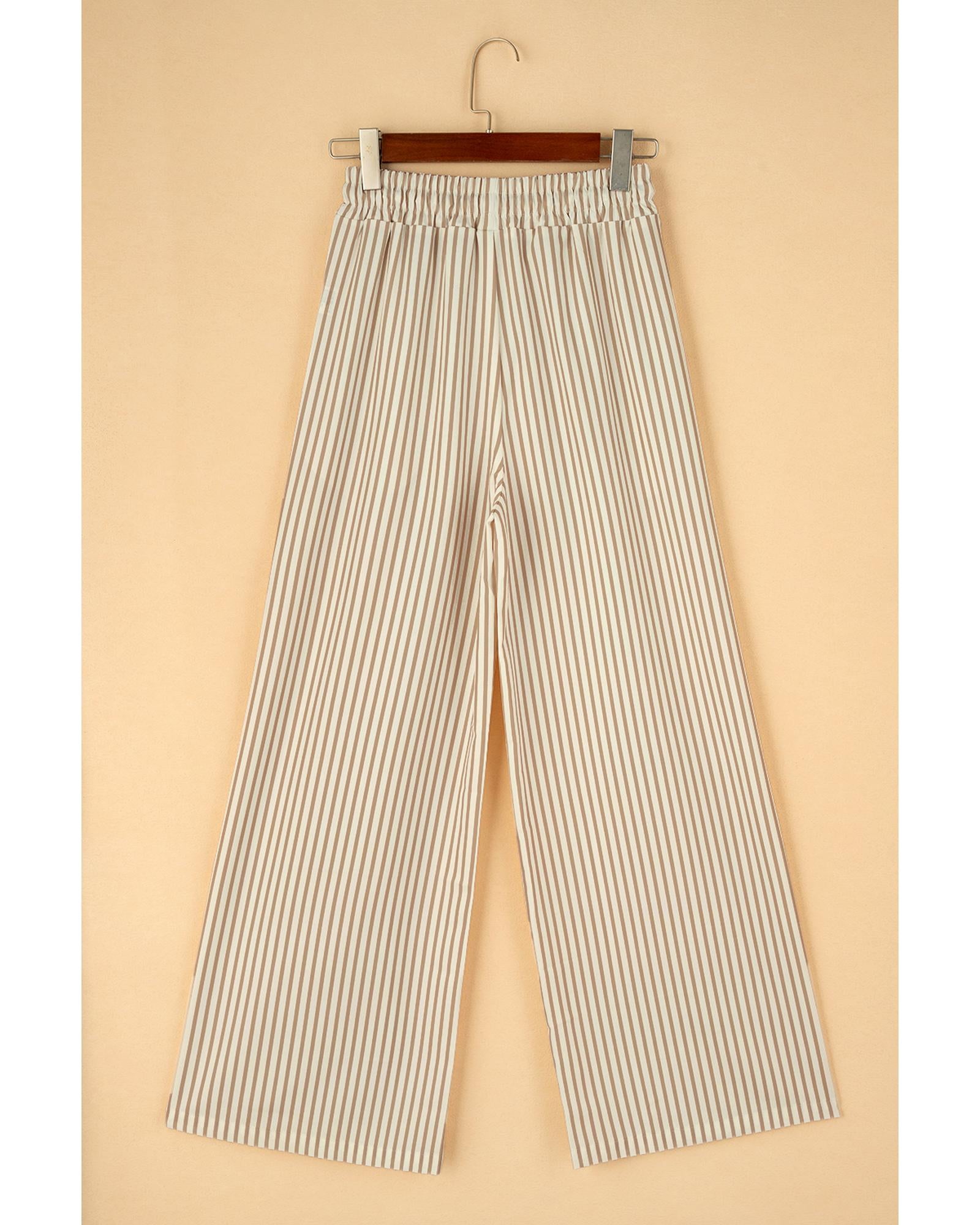 Khaki Stripe Print Wide Leg Drawstring Pants - XL