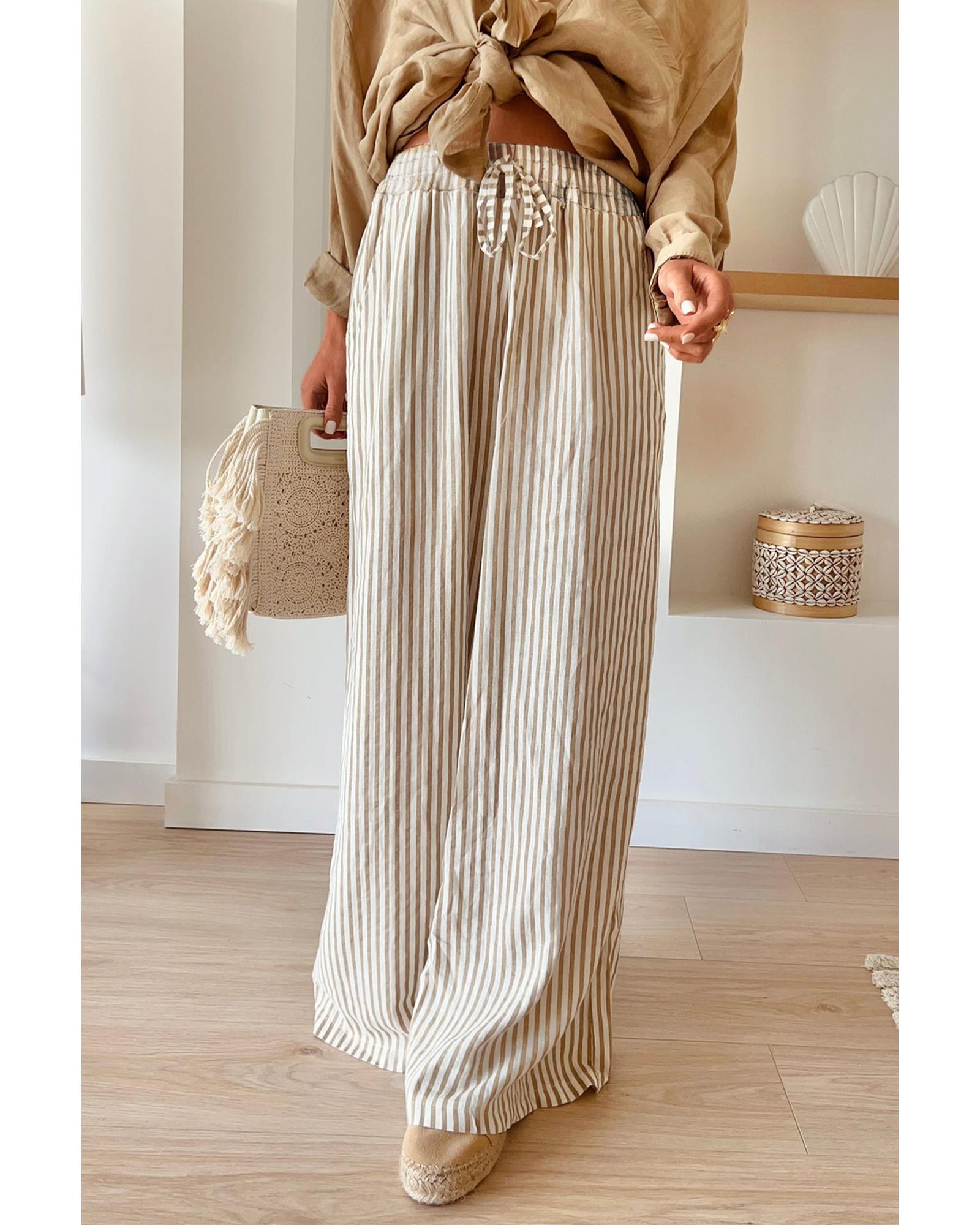 Khaki Stripe Print Wide Leg Drawstring Pants - XL
