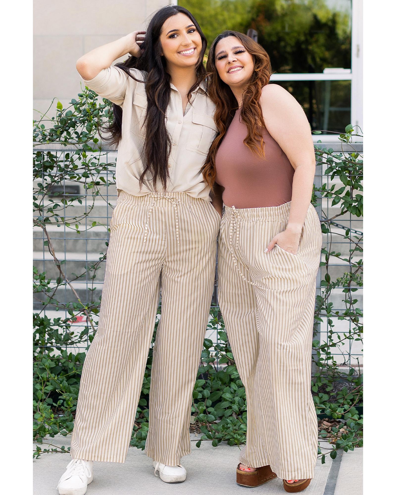 Khaki Stripe Print Wide Leg Drawstring Pants - XL