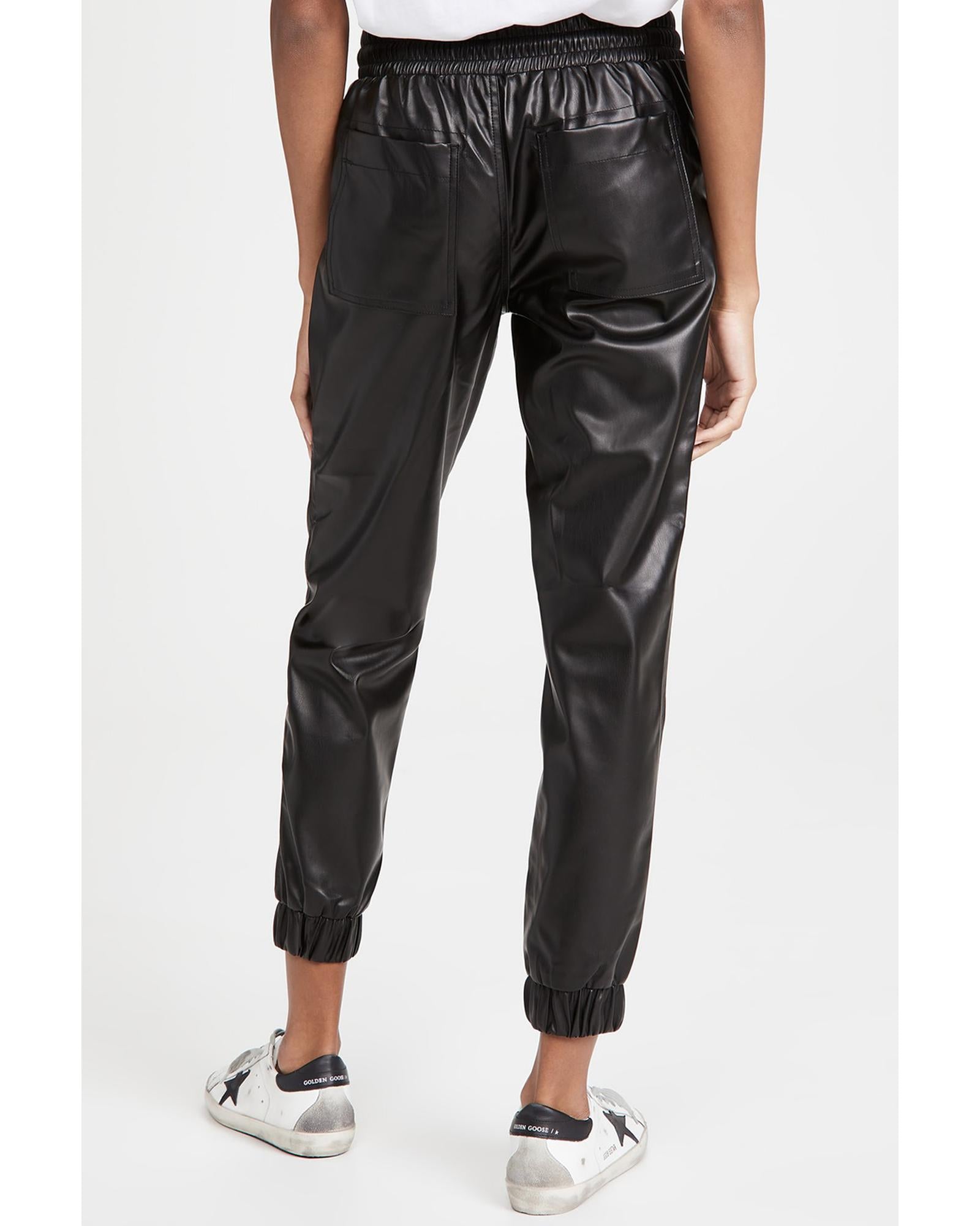 Black Faux Leather Ankle Smocked Waist Drawstring Joggers - XL