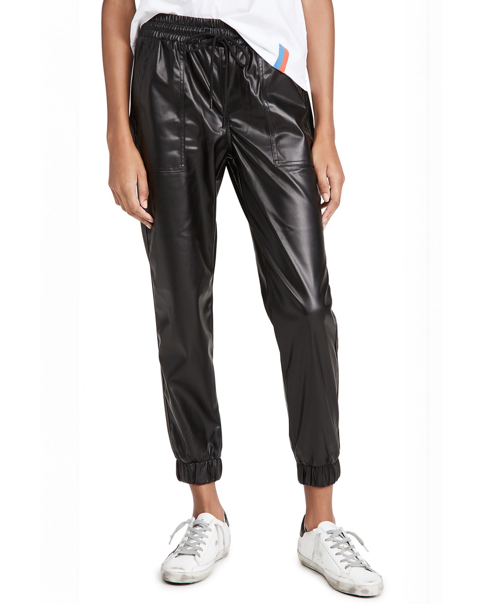Black Faux Leather Ankle Smocked Waist Drawstring Joggers - XL