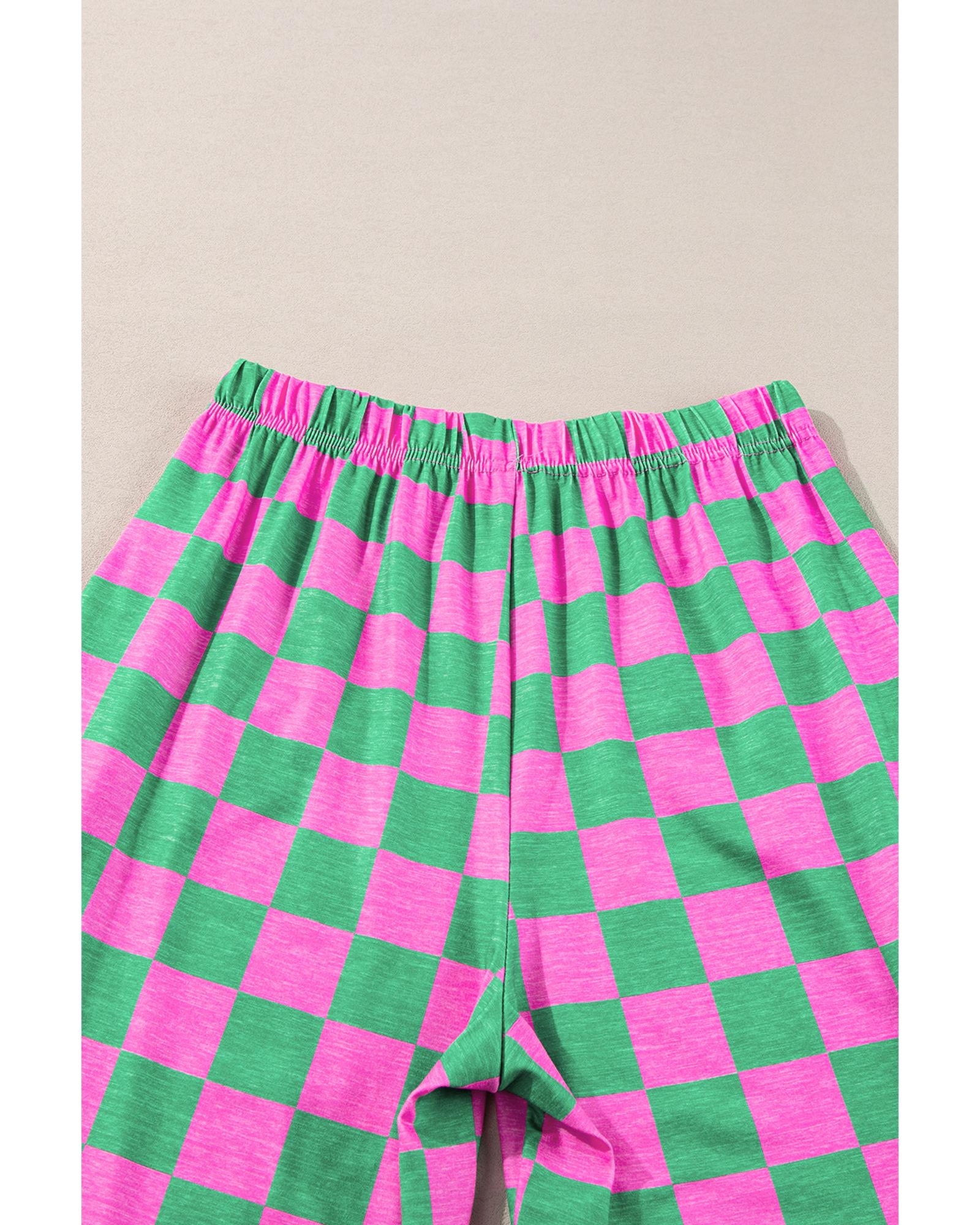 Green 2-Tone Checked Print High Waist Wide Leg Pants - M