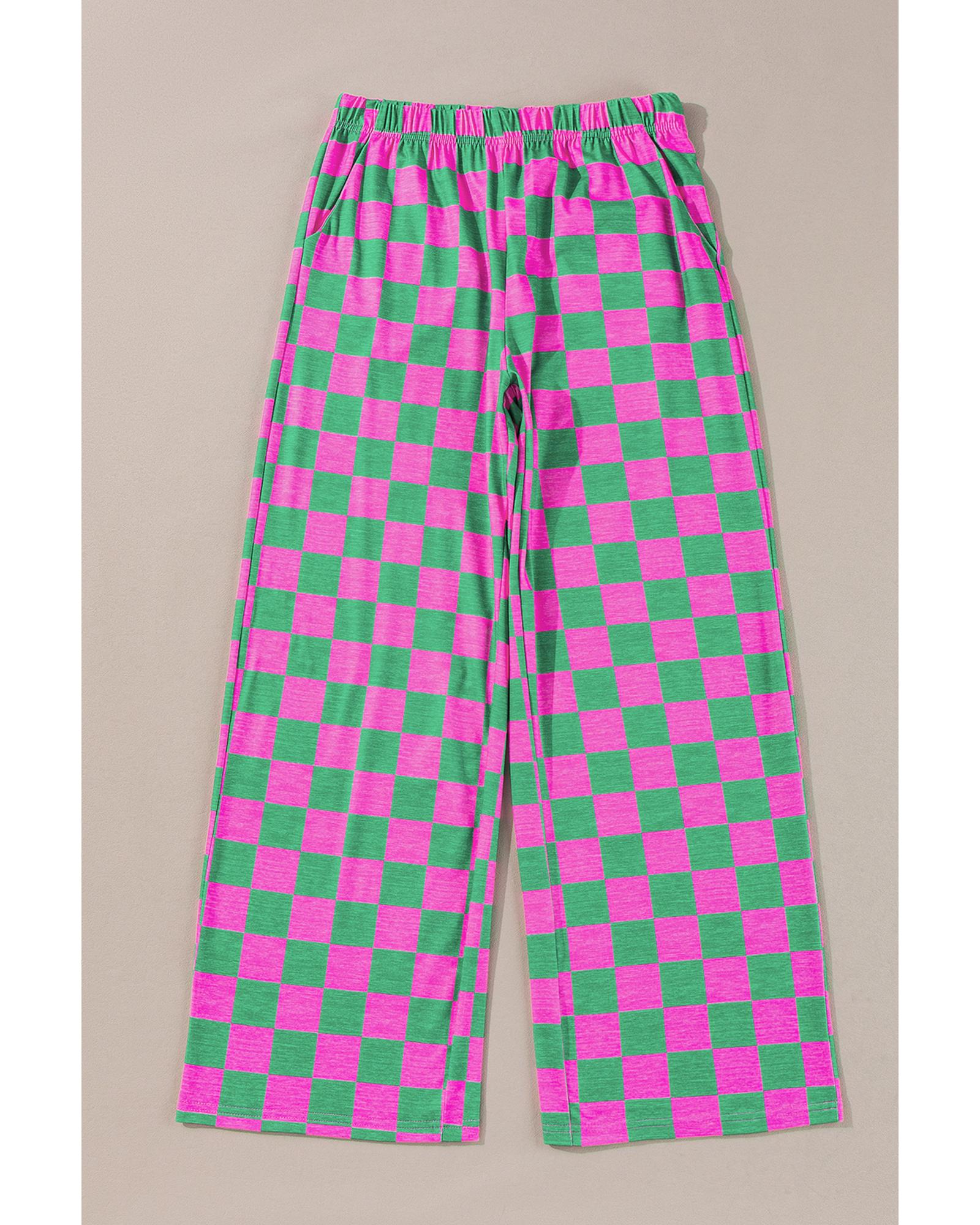 Green 2-Tone Checked Print High Waist Wide Leg Pants - M