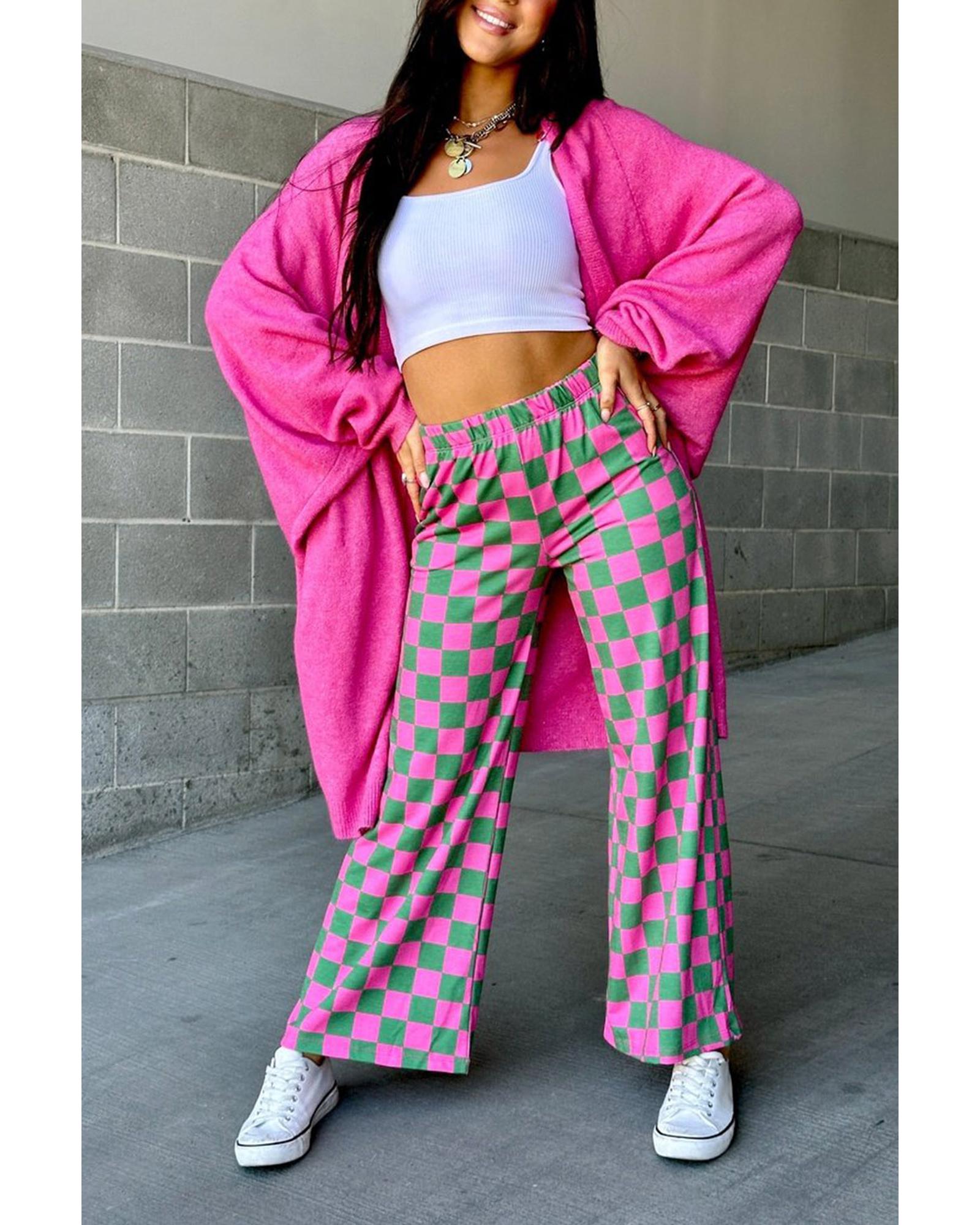 Green 2-Tone Checked Print High Waist Wide Leg Pants - S