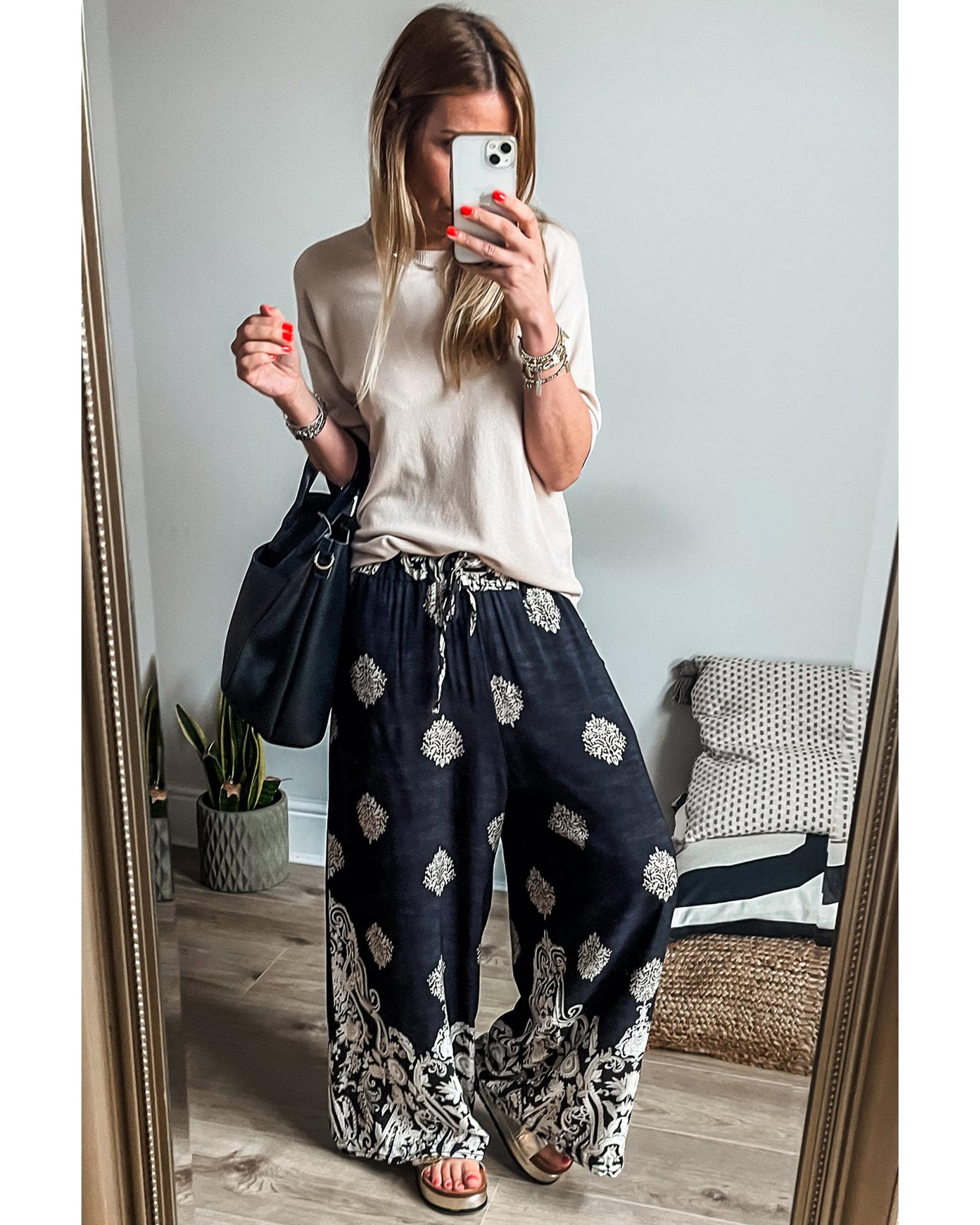 Black Bohemian Printed Drawstring Waist Wide Leg Pants - L