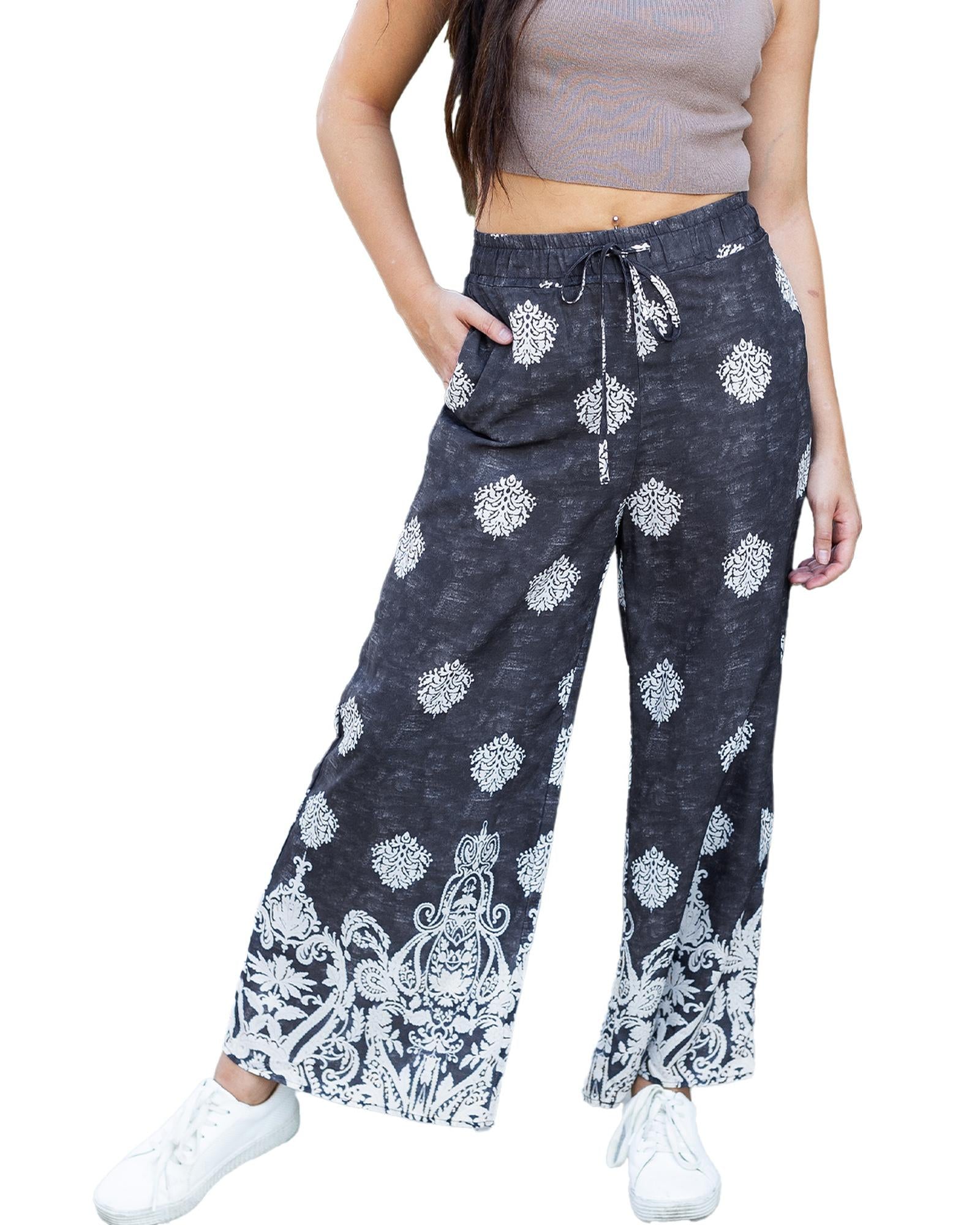 Black Bohemian Printed Drawstring Waist Wide Leg Pants - L