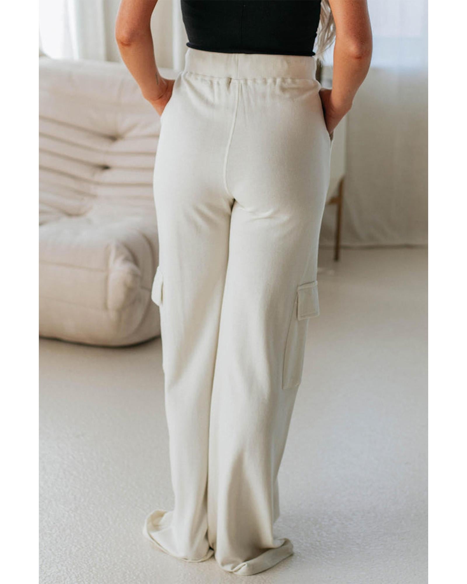 Beige Plain Cargo Pockets High Waist Casual Sweatpants - L