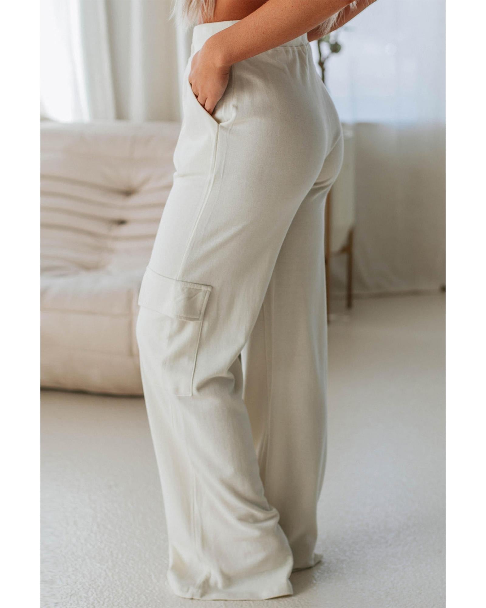 Beige Plain Cargo Pockets High Waist Casual Sweatpants - L