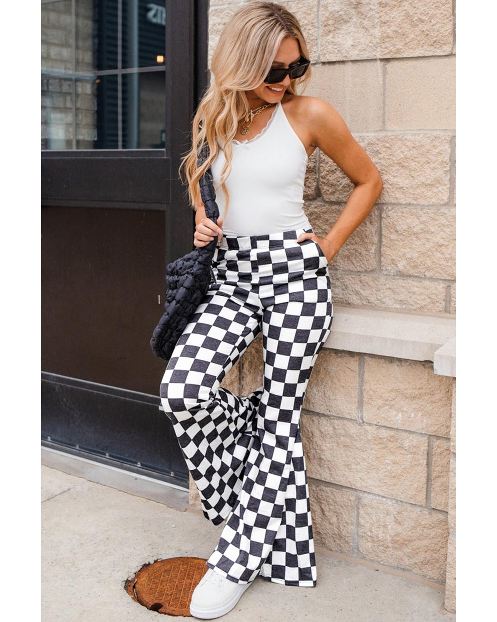 Black Checkerboard High Rise Casual Flared Pants - L