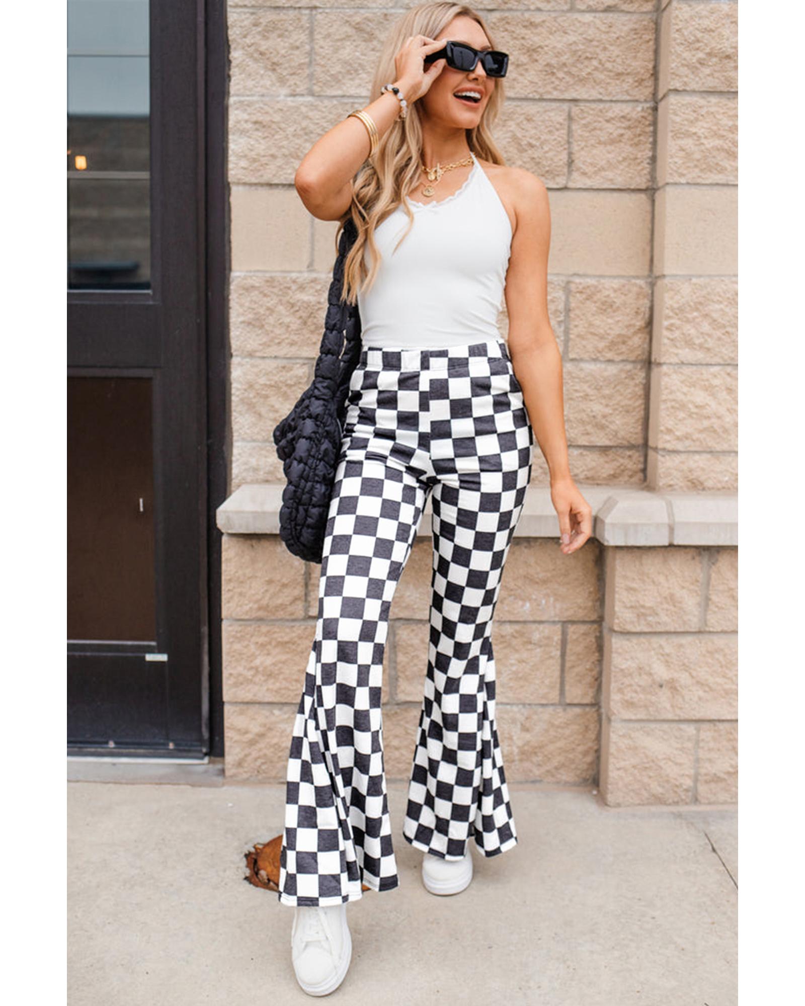 Black Checkerboard High Rise Casual Flared Pants - L