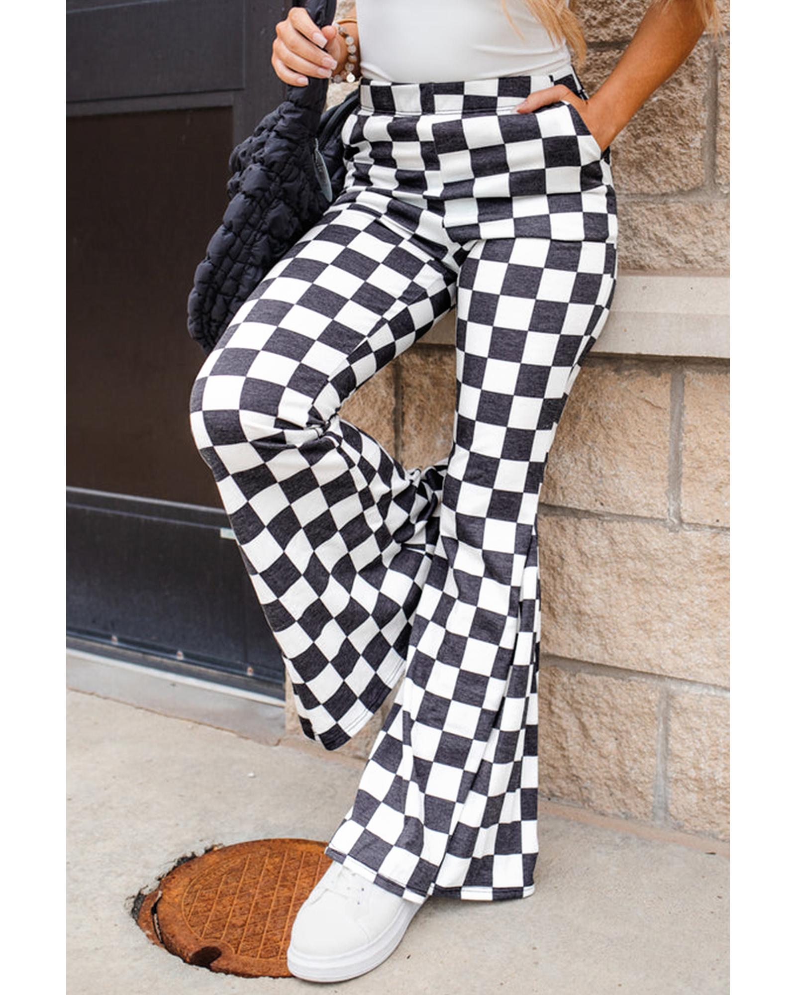Black Checkerboard High Rise Casual Flared Pants - L