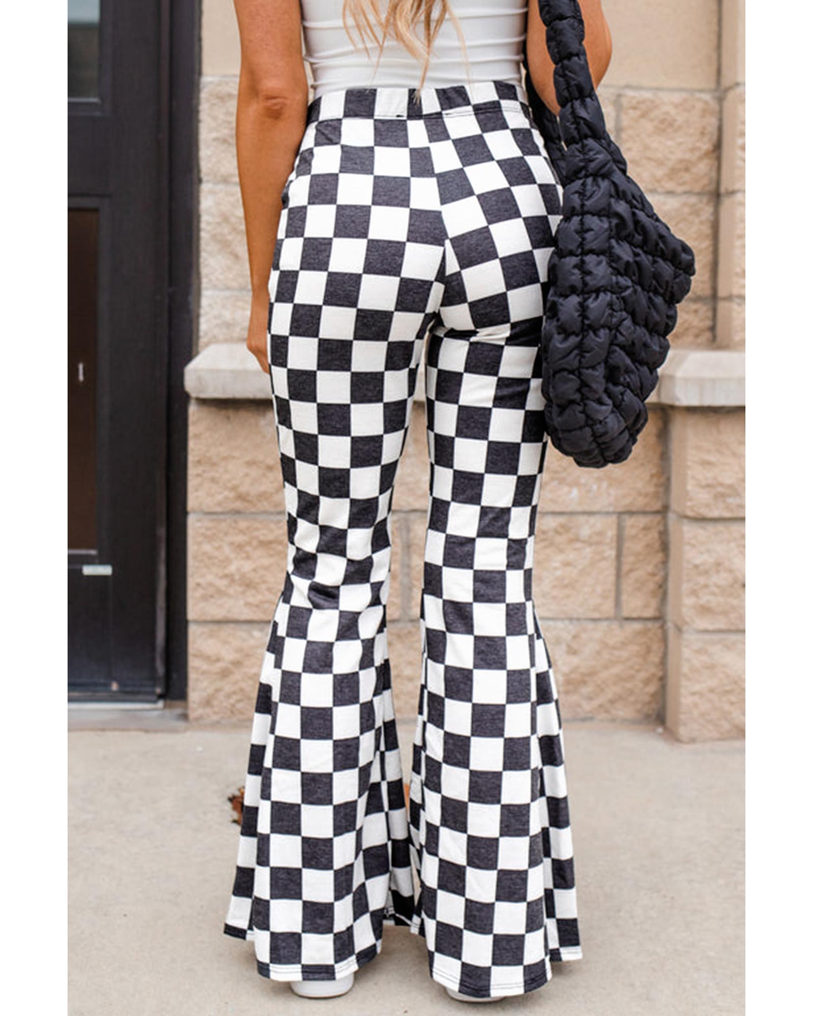 Black Checkerboard High Rise Casual Flared Pants - L