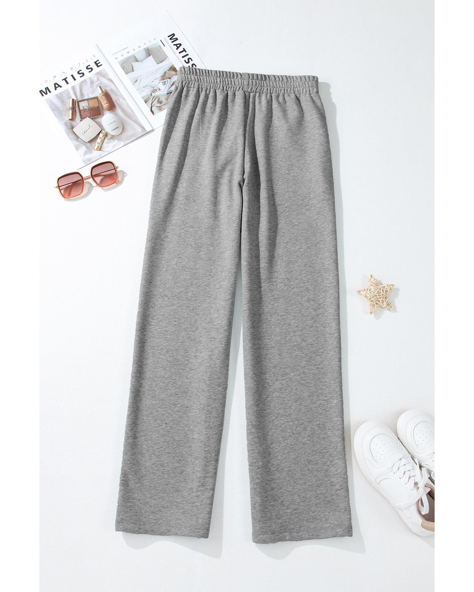 Light Grey Solid Color Fleece Lined Drawstring Waist Casual Pants - L