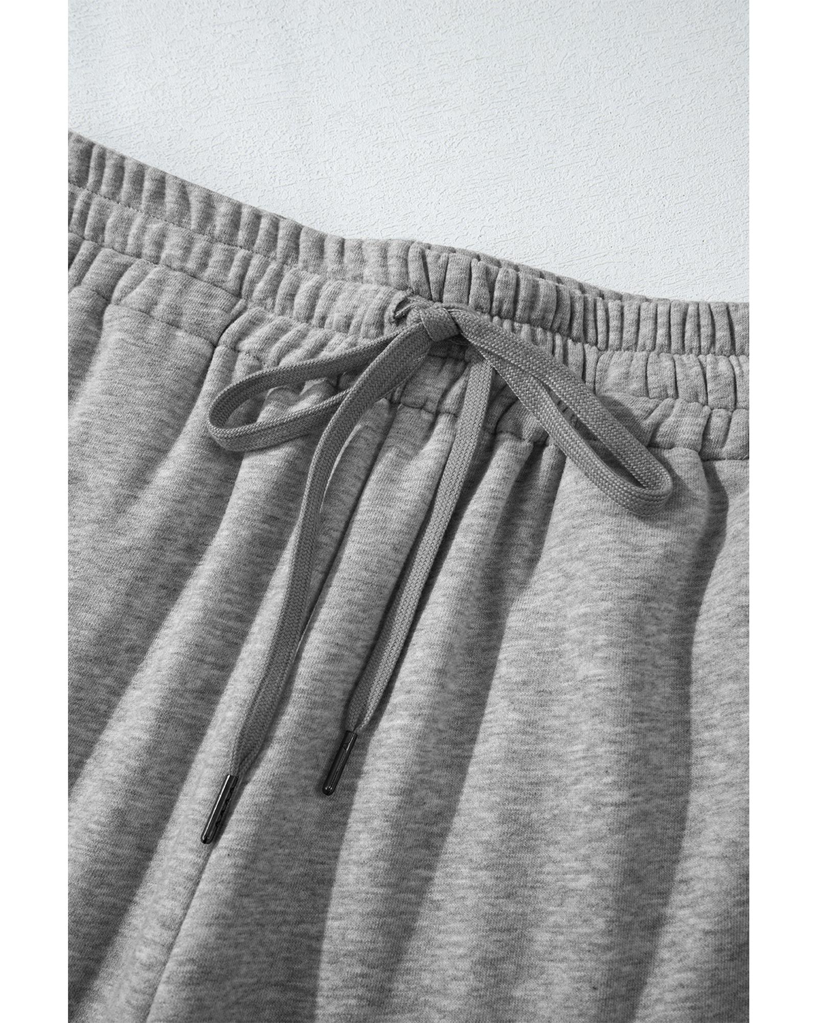 Light Grey Solid Color Fleece Lined Drawstring Waist Casual Pants - S