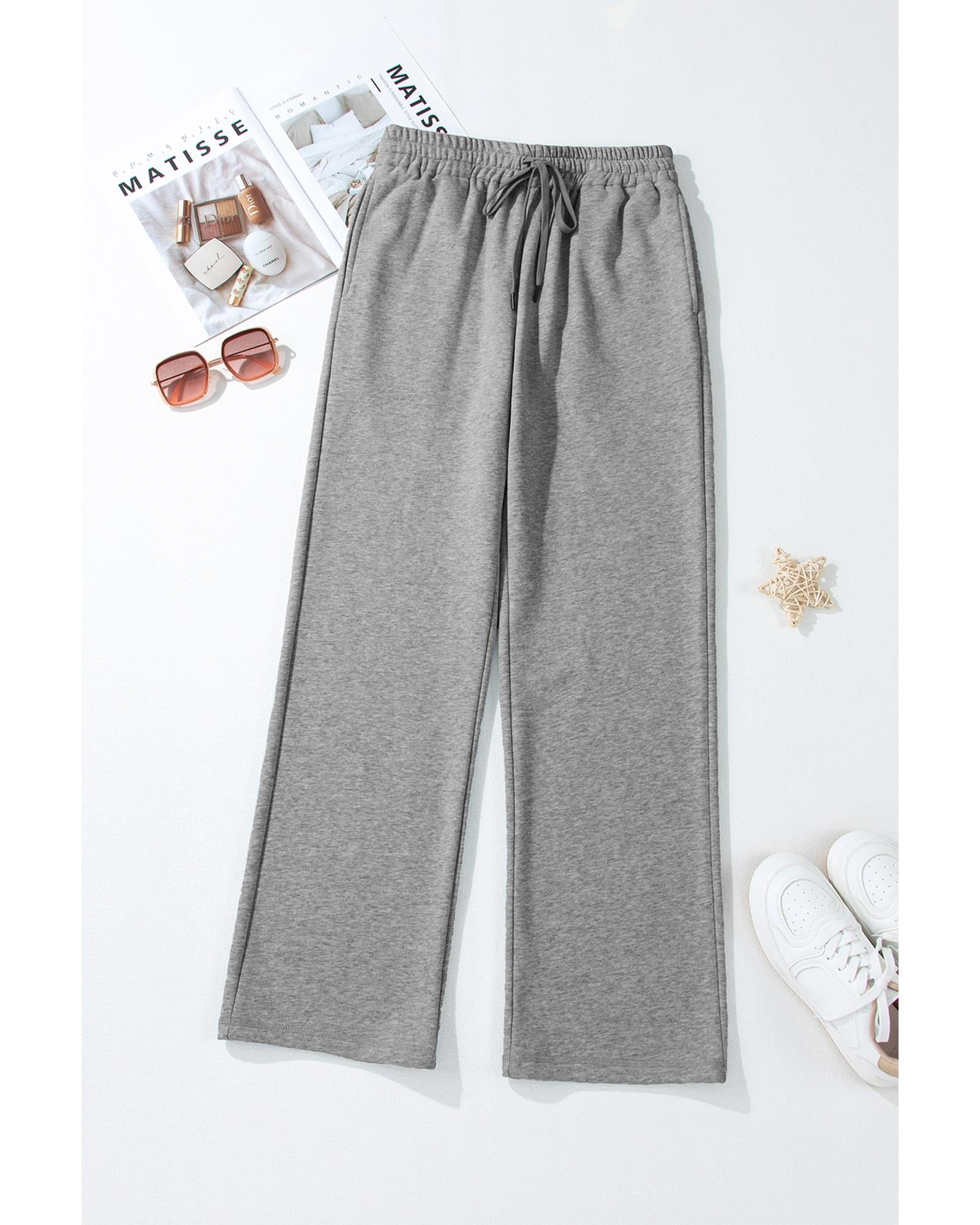 Light Grey Solid Color Fleece Lined Drawstring Waist Casual Pants - S