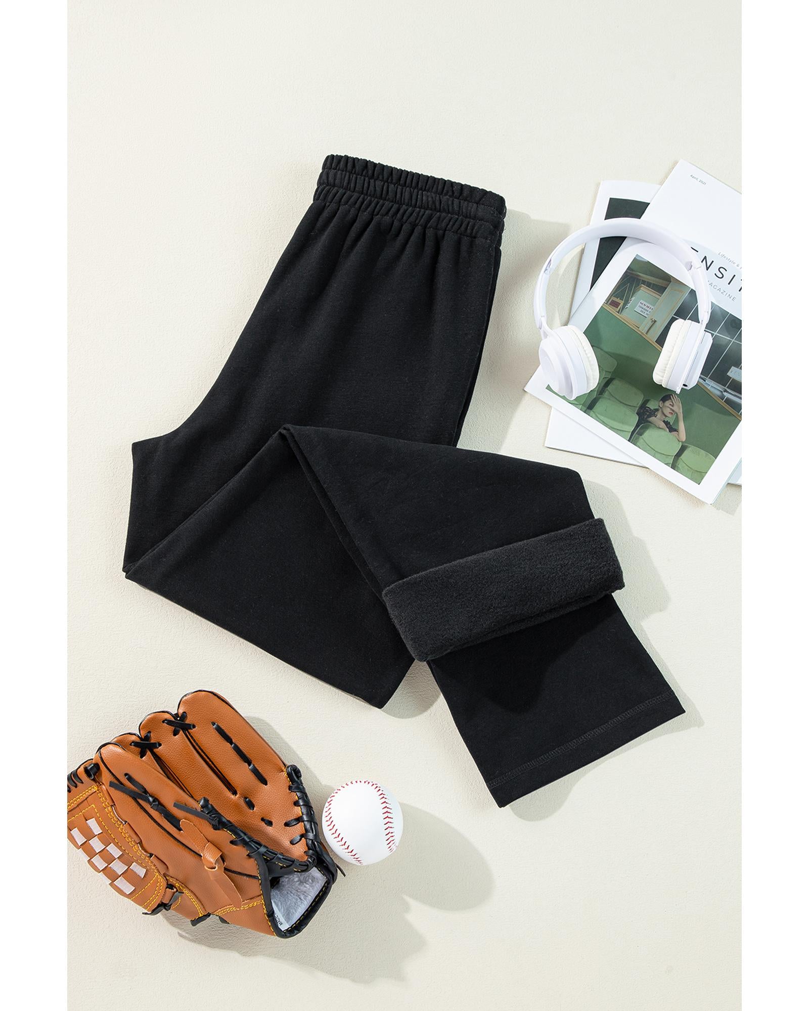 Black Solid Color Fleece Lined Drawstring Waist Casual Pants - XL
