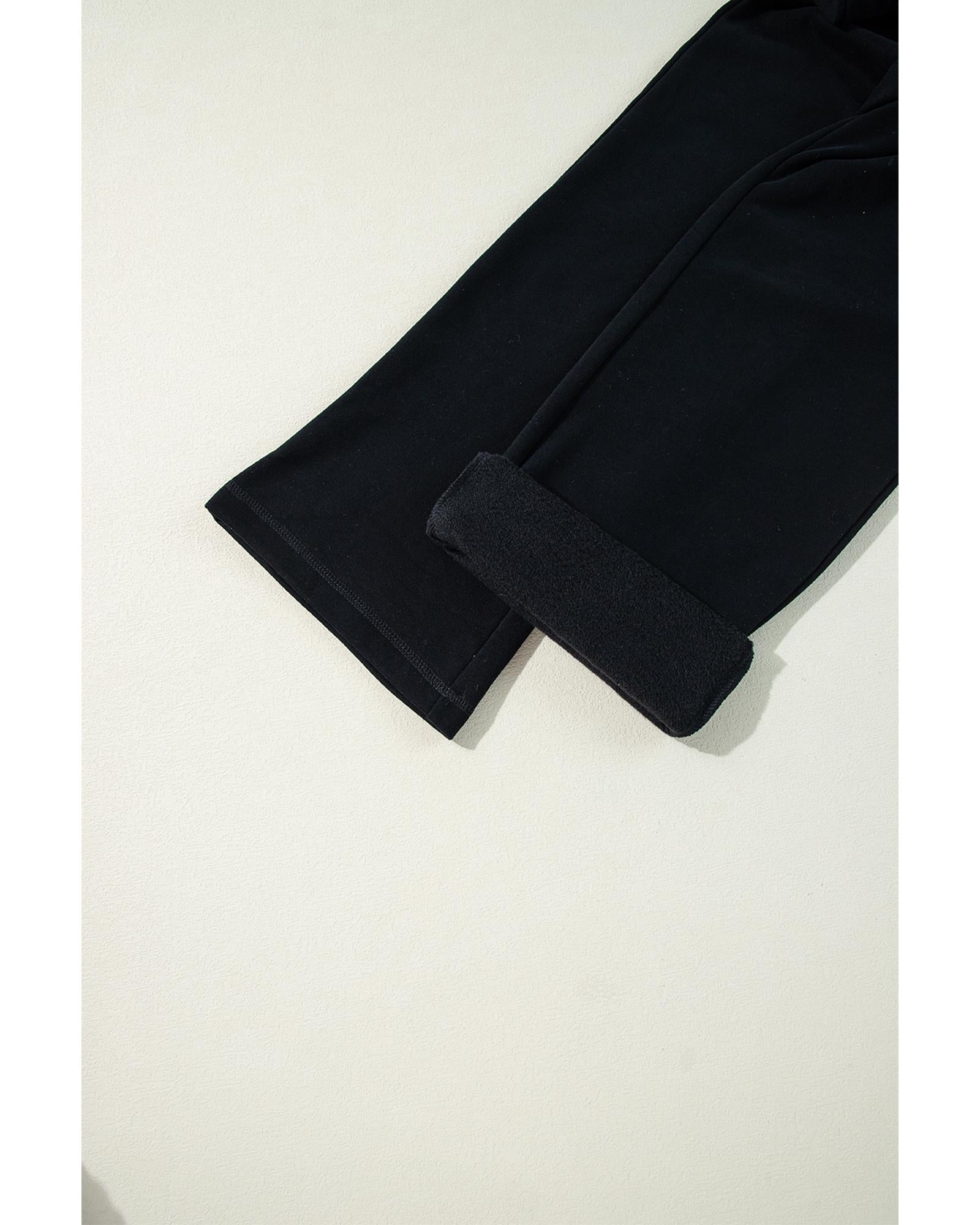 Black Solid Color Fleece Lined Drawstring Waist Casual Pants - XL
