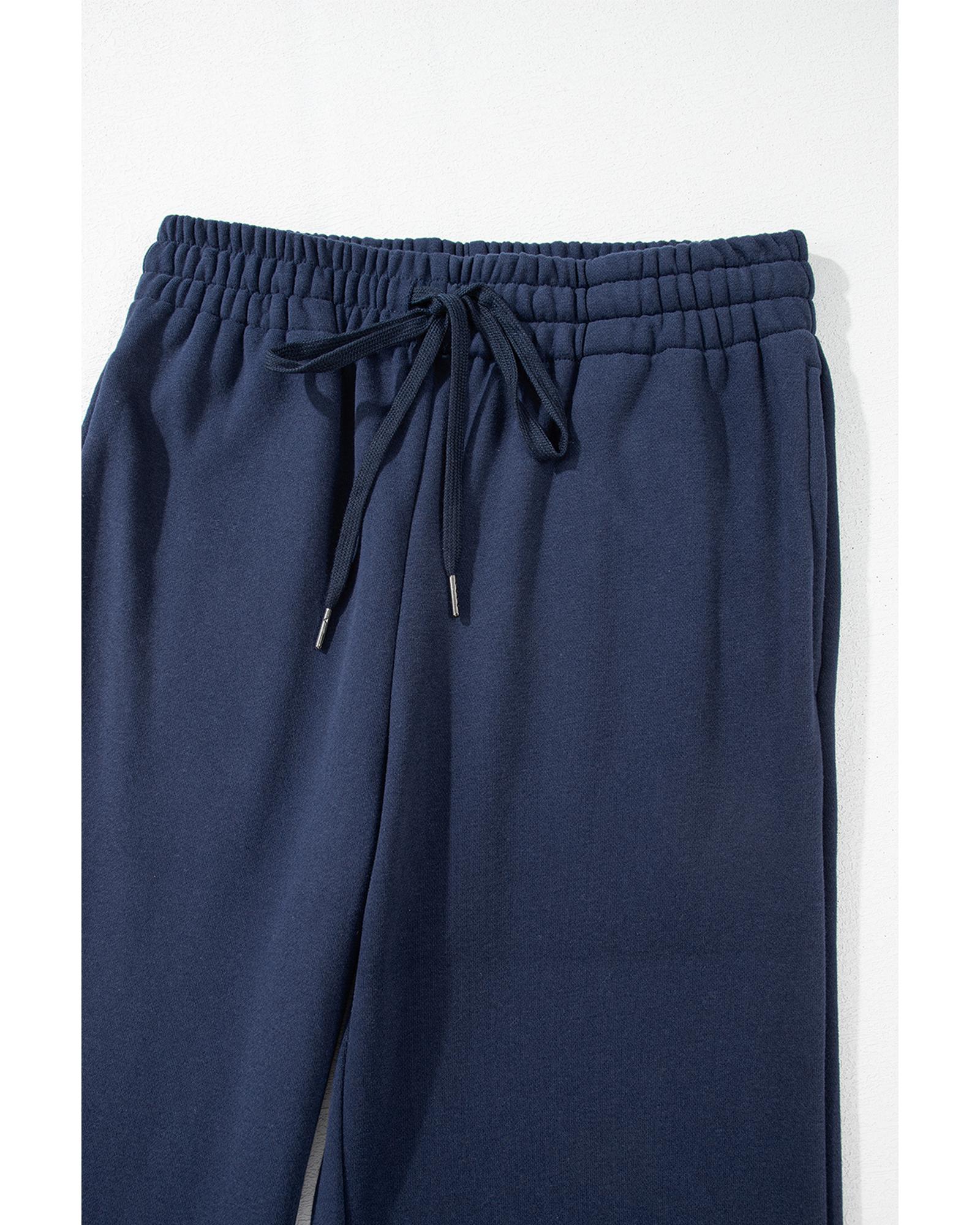 Navy Blue Solid Color Fleece Lined Drawstring Waist Casual Pants - L
