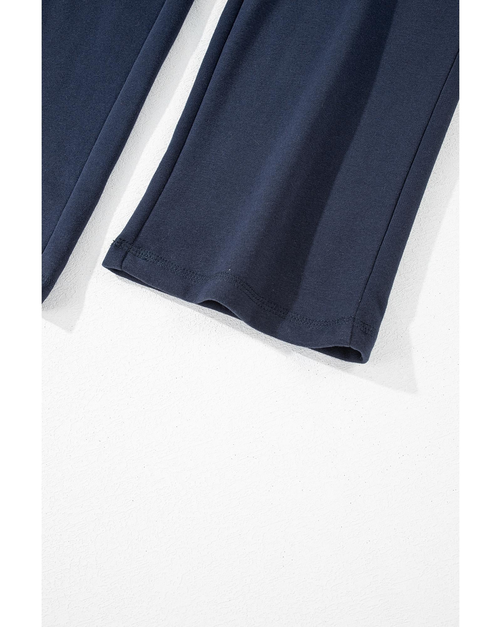 Navy Blue Solid Color Fleece Lined Drawstring Waist Casual Pants - L