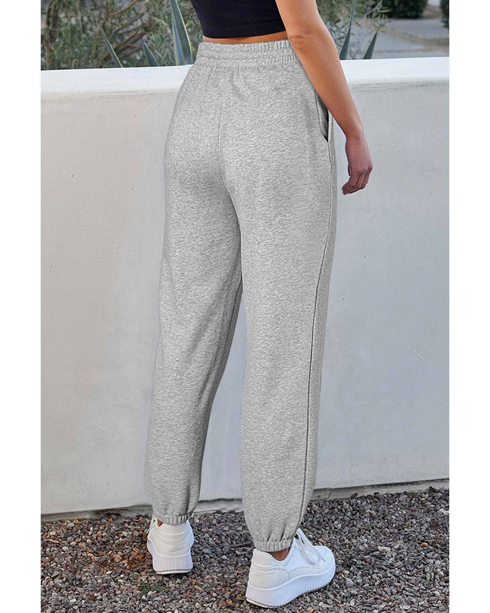 Light Grey Solid Color Fleece Lined Drawstring Waist Joggers - L