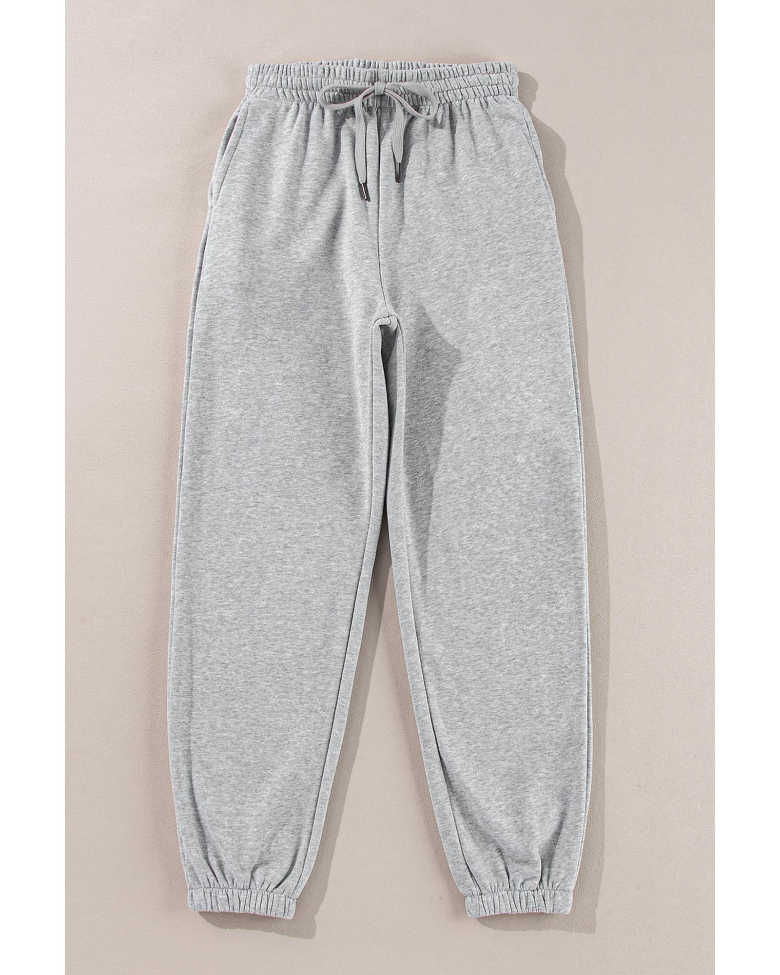 Light Grey Solid Color Fleece Lined Drawstring Waist Joggers - L