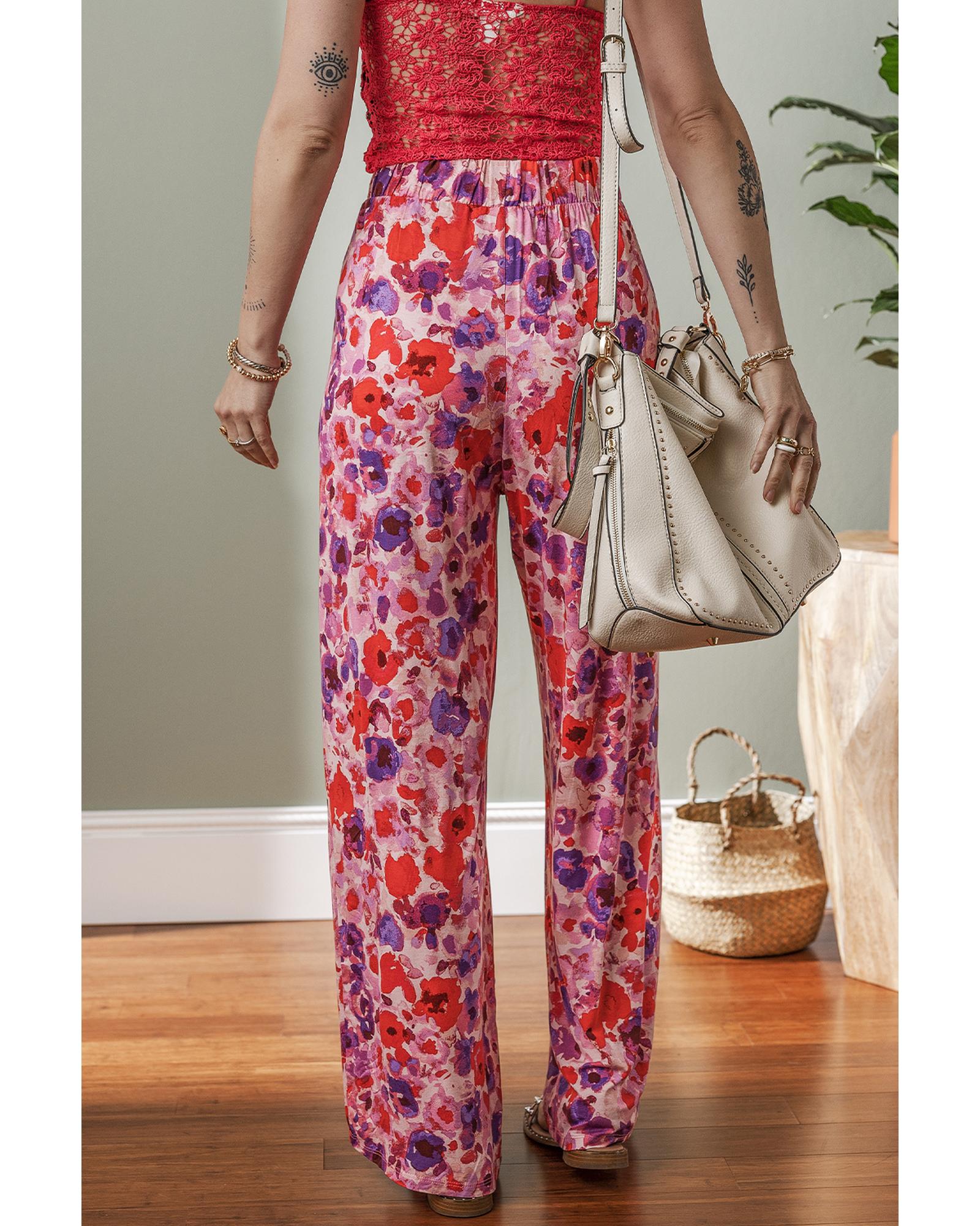 Purple Floral Wide Leg Elastic High Waist Pants - L