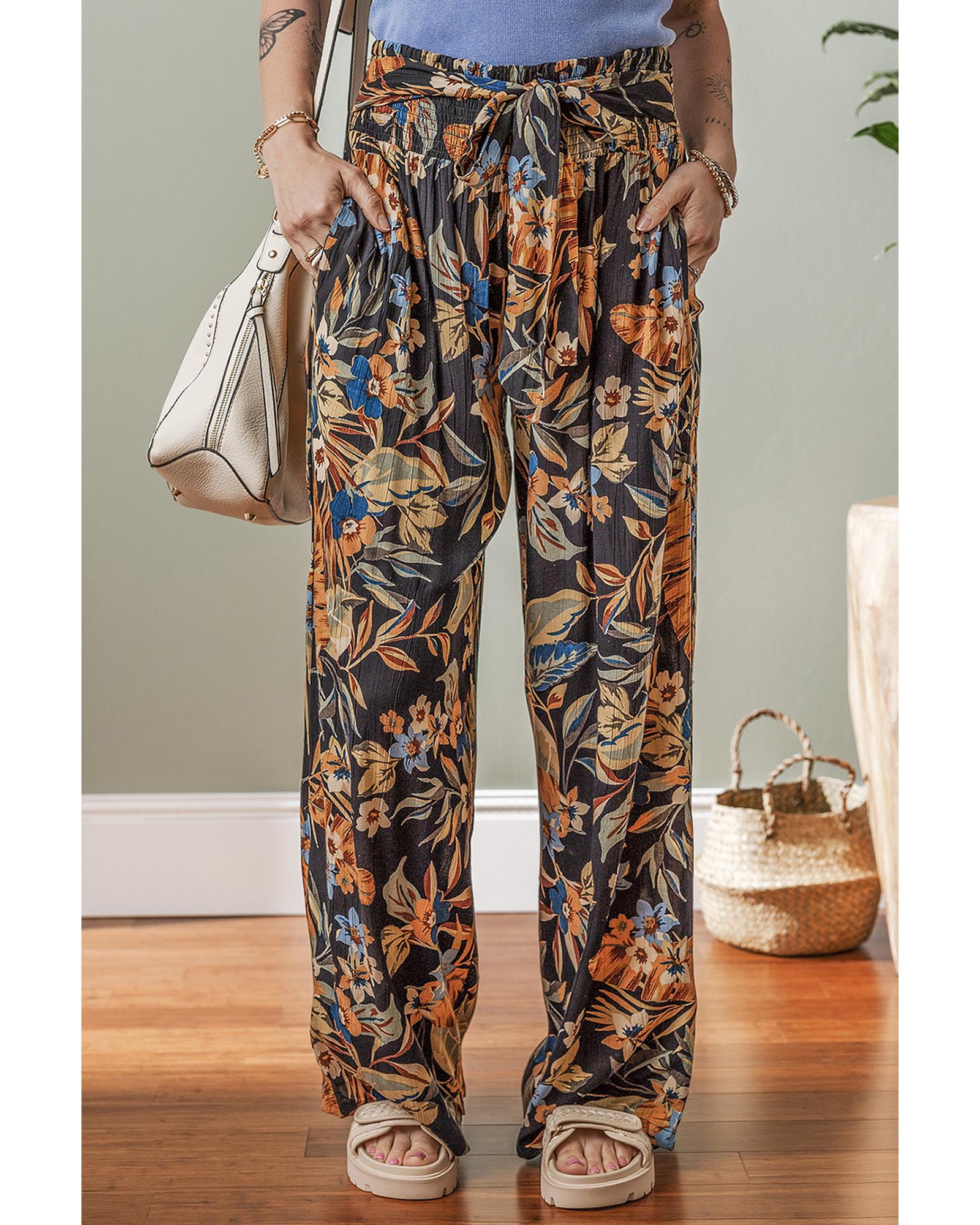 Multicolour Floral Shirred High Waist Wide Leg Pants with Tie - L