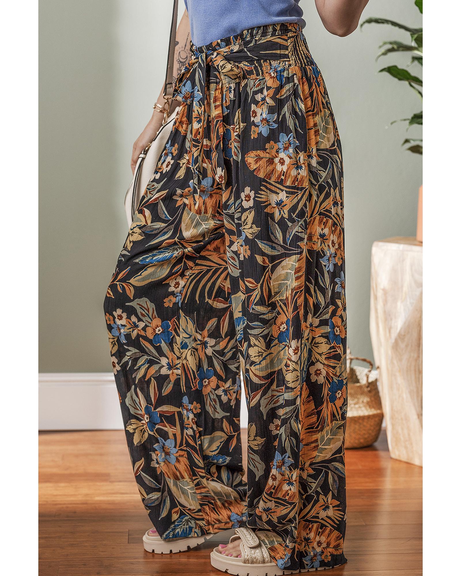Multicolour Floral Shirred High Waist Wide Leg Pants with Tie - L