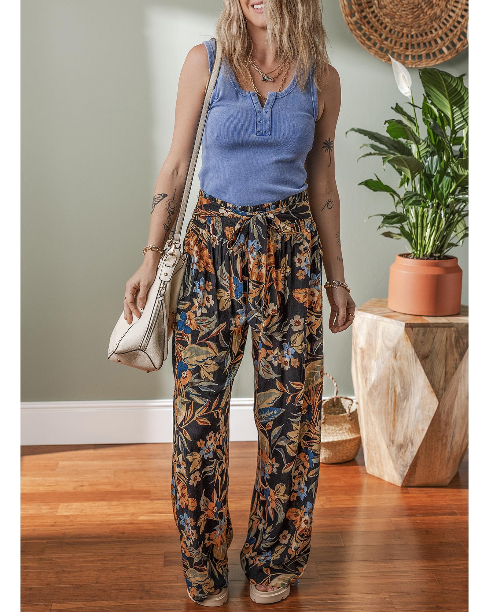 Multicolour Floral Shirred High Waist Wide Leg Pants with Tie - L