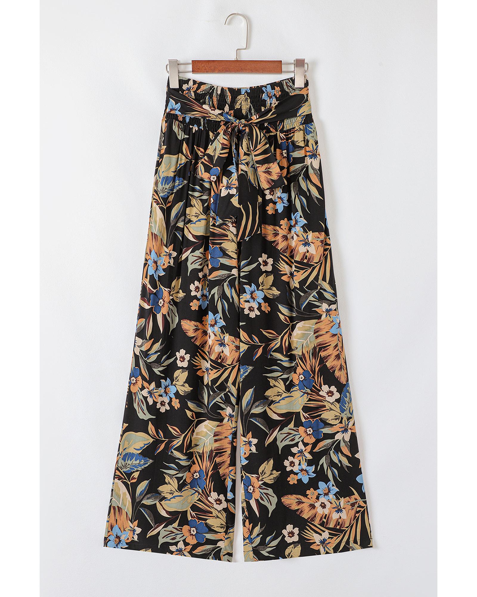 Multicolour Floral Shirred High Waist Wide Leg Pants with Tie - L