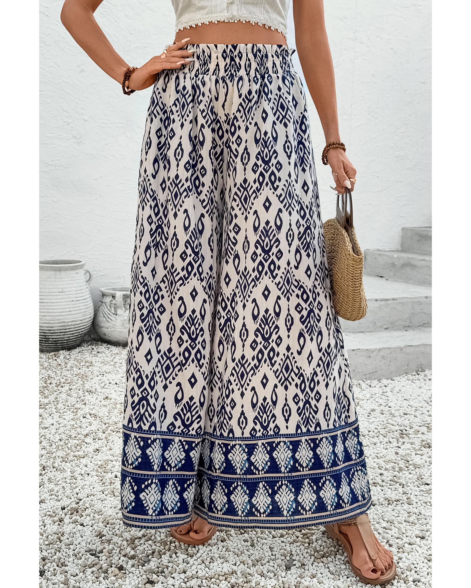 Blue Boho Pattern Print High Waist Wide Leg Loose Pants - L