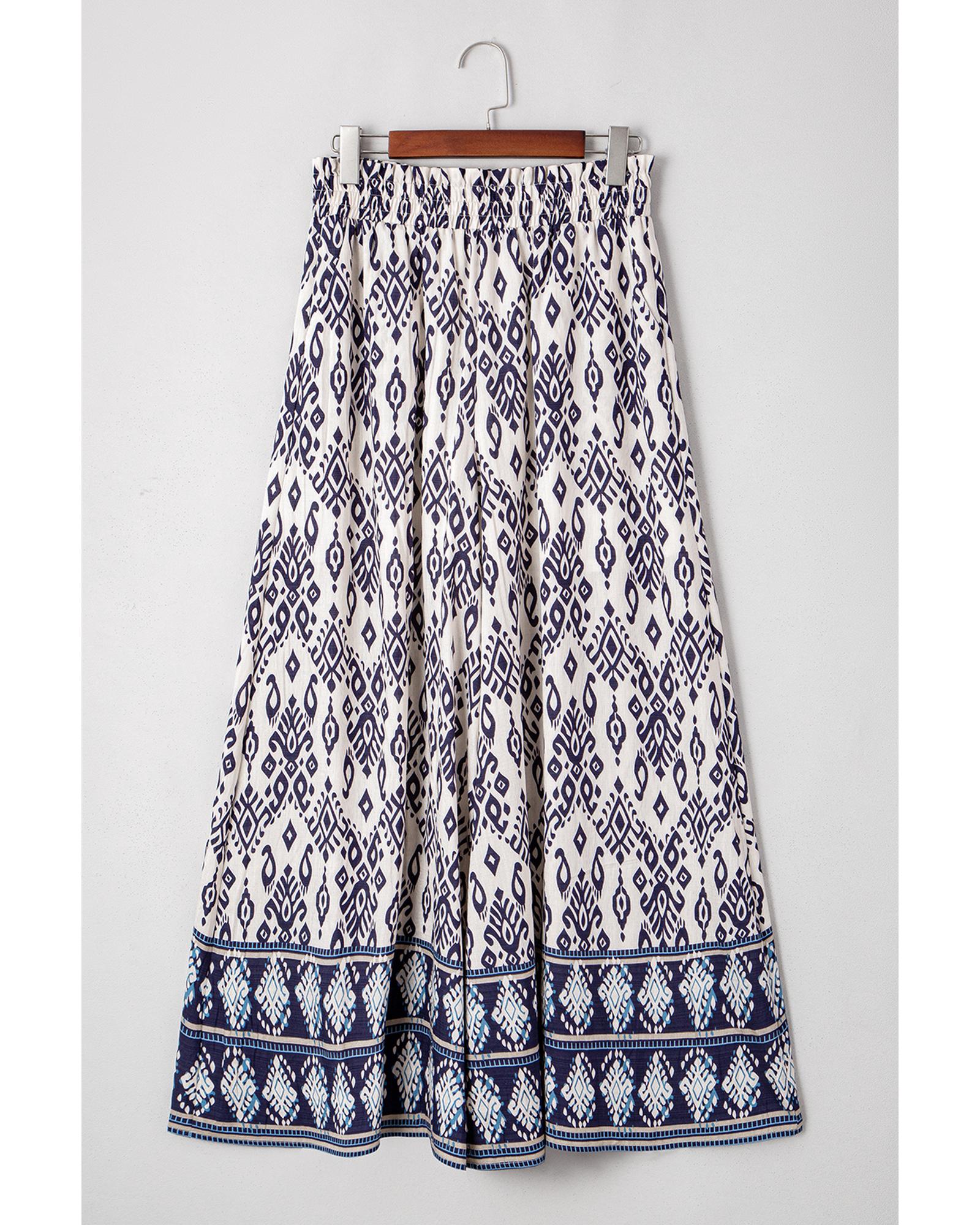 Blue Boho Pattern Print High Waist Wide Leg Loose Pants - L