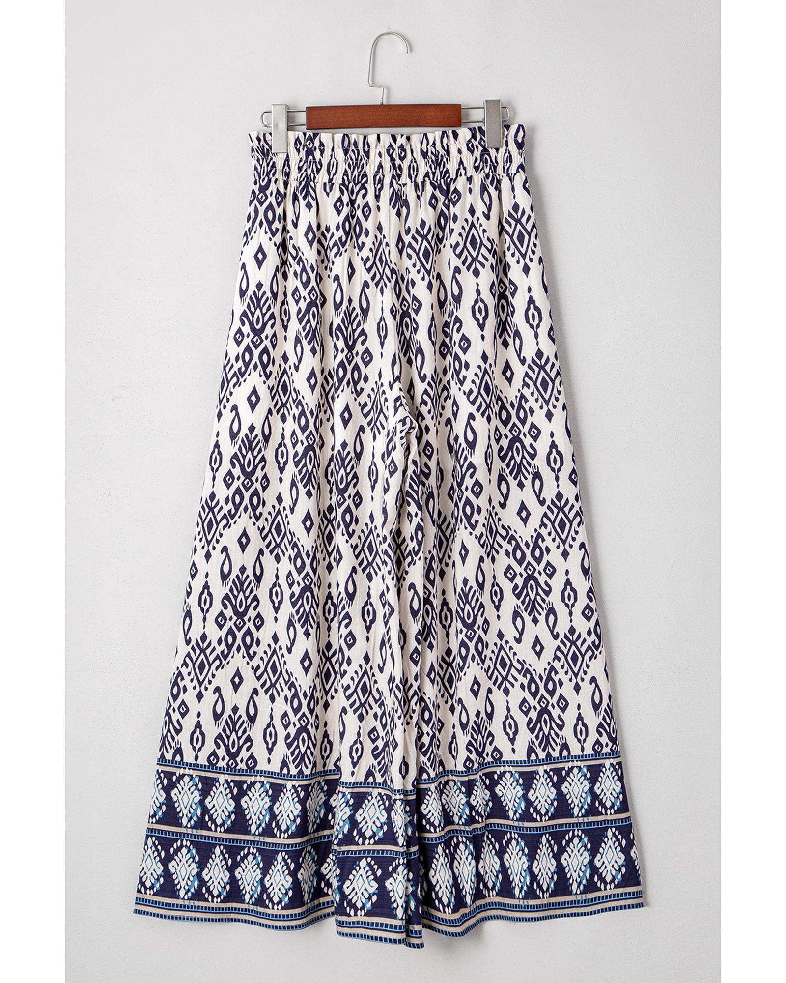 Blue Boho Pattern Print High Waist Wide Leg Loose Pants - L